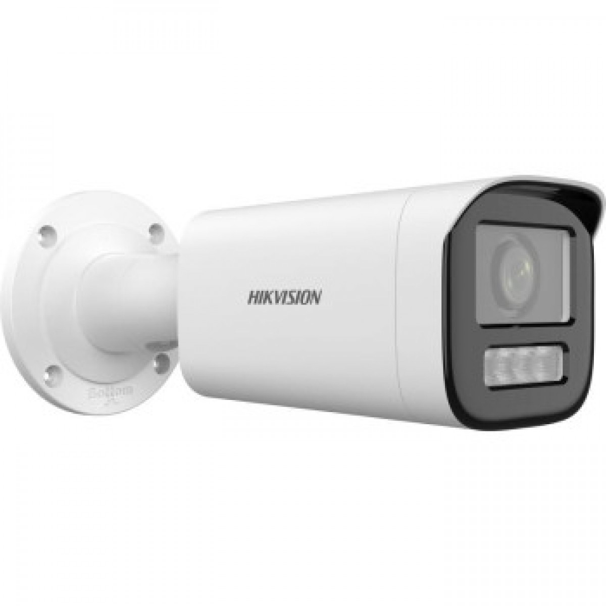 Silindirik gövdeye ve duvar montajına sahip beyaz bir Hikvision güvenlik kamerası.
