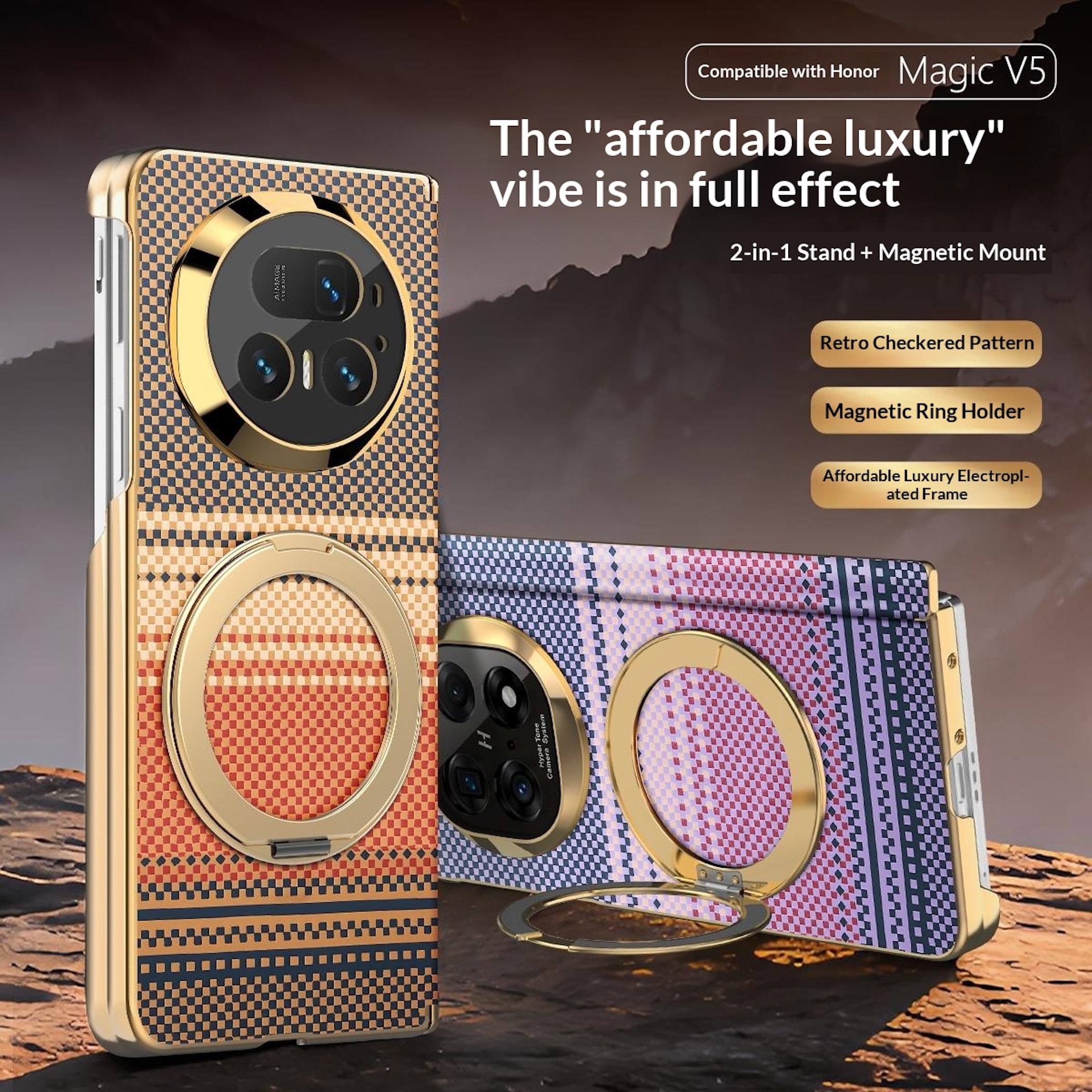 Honor Magic V5 Handyhüllen mit kariertem Muster, goldenem Rahmen und integriertem Ringständer auf felsigem Grund.