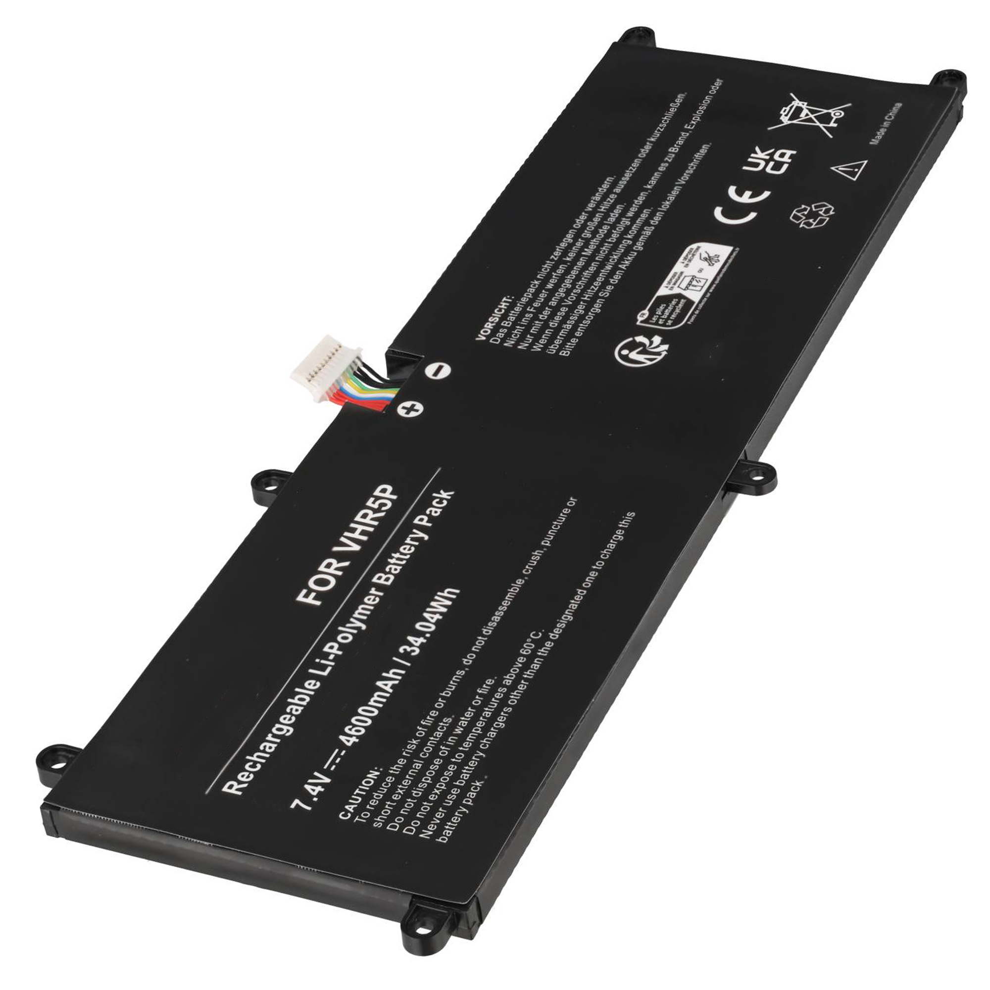 Ein schwarzer Lithium-Polymer-Akku mit weißem Stecker und gedruckten Warntexten.