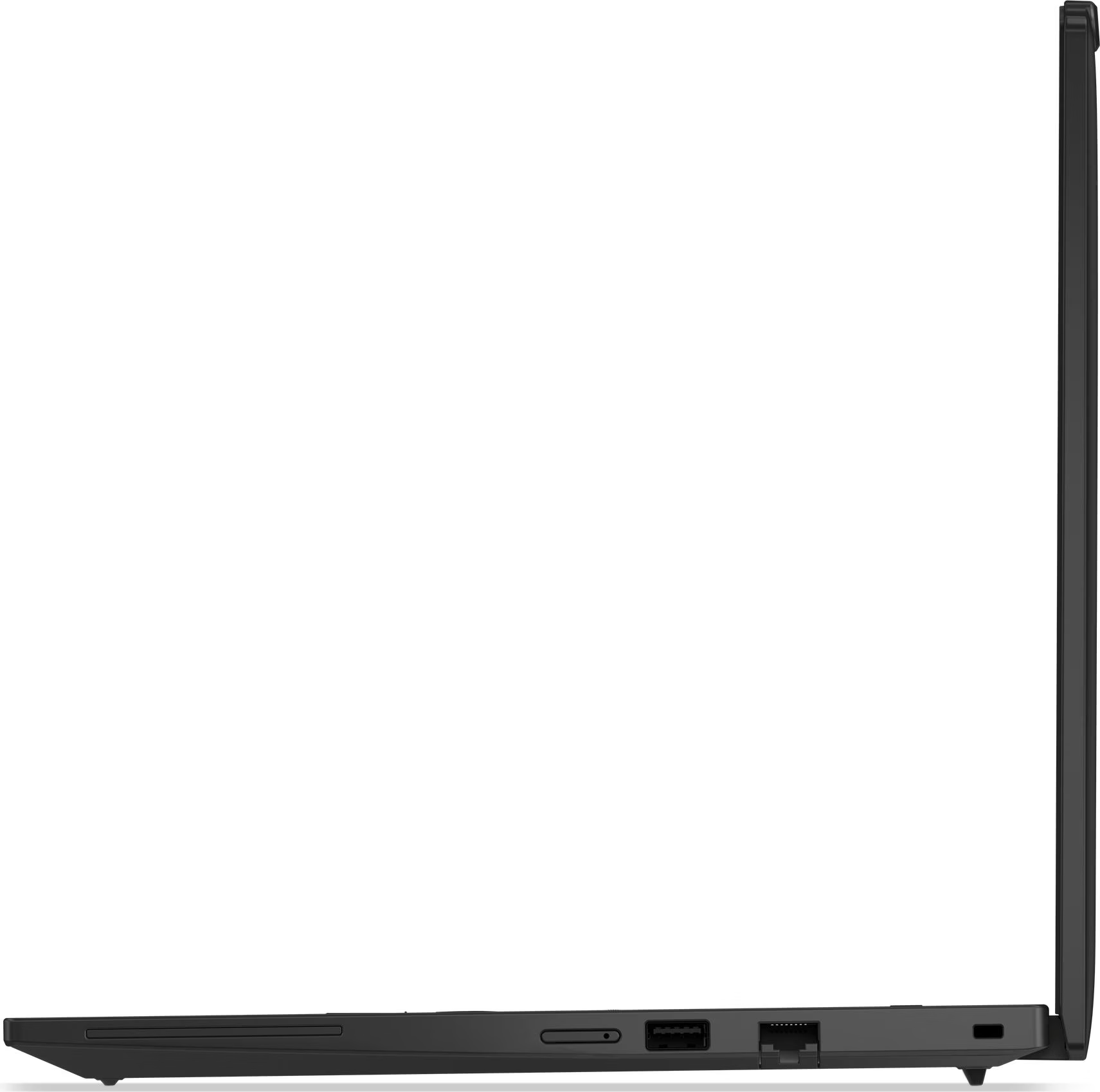 Seitenansicht eines schwarzen Laptops mit sichtbaren Anschlüssen und einem geschlossenen Display.