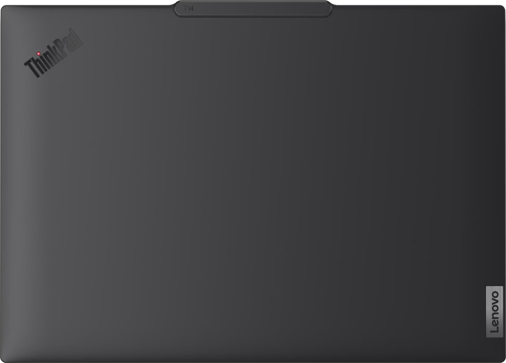Geschlossener schwarzer Lenovo ThinkPad T14 Laptop von oben.