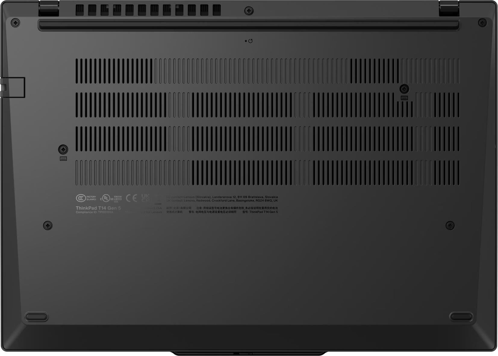 Unterseite eines schwarzen Lenovo ThinkPad T14 Gen 5 Laptops mit Lüftungsschlitzen und Schrauben.