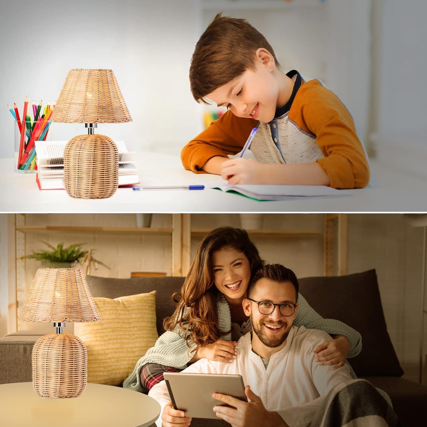 Wiederverwendbare Rattan-Tischlampe auf dem Tisch im Wohnzimmer, beleuchtet ein Kind beim Lernen und ein Paar mit Tablet.