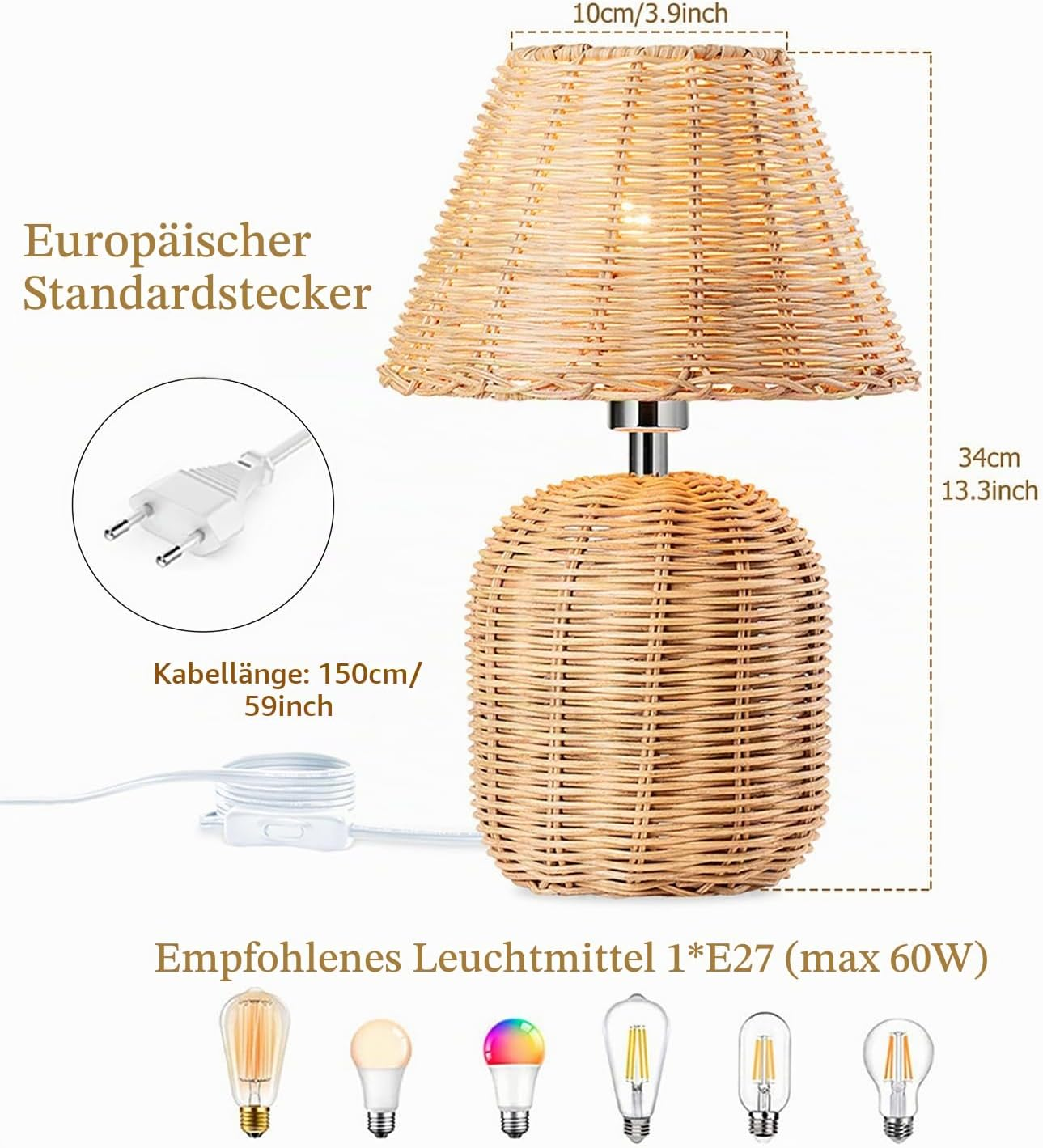Rattan Tischlampe mit Maßen, Stecker, Kabellänge und empfohlenen E27 Glühbirnen.