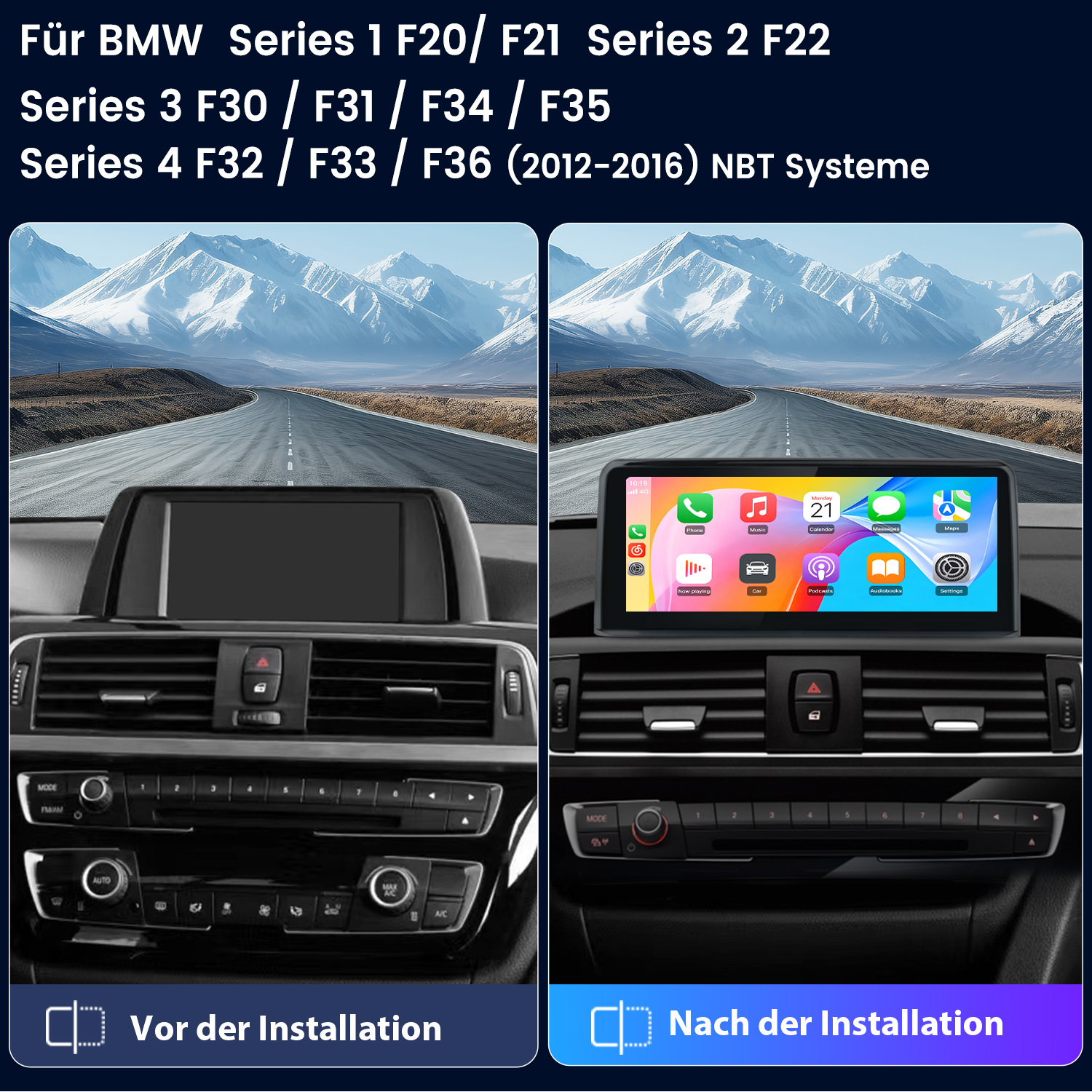 Vergleich zweier BMW Armaturenbretter vor und nach dem Einbau eines Infotainment-Bildschirms.