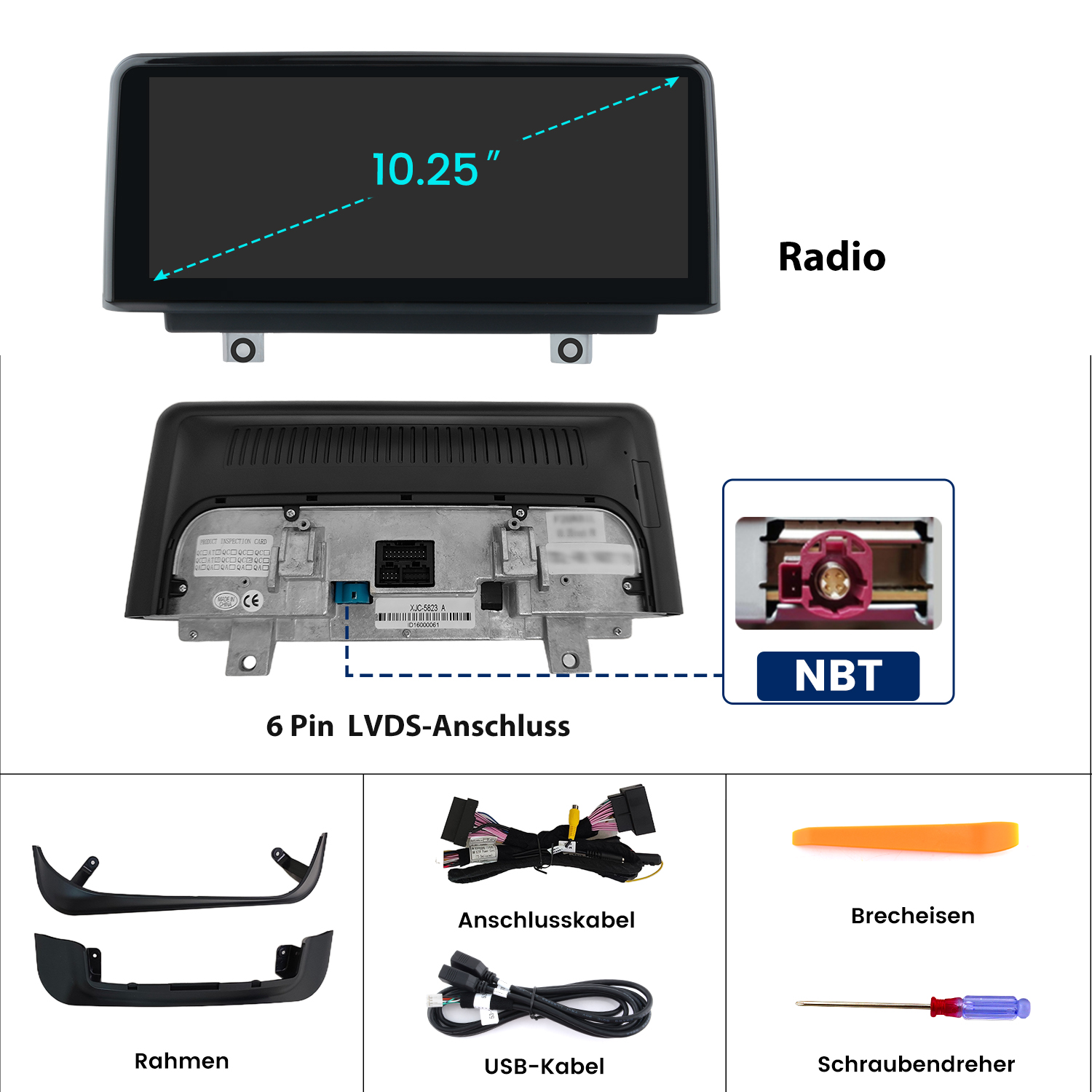 10.25-Zoll-Radio-Display, Rückseite, NBT-Anschluss, Rahmen, Kabel, Brecheisen und Schraubendreher.
