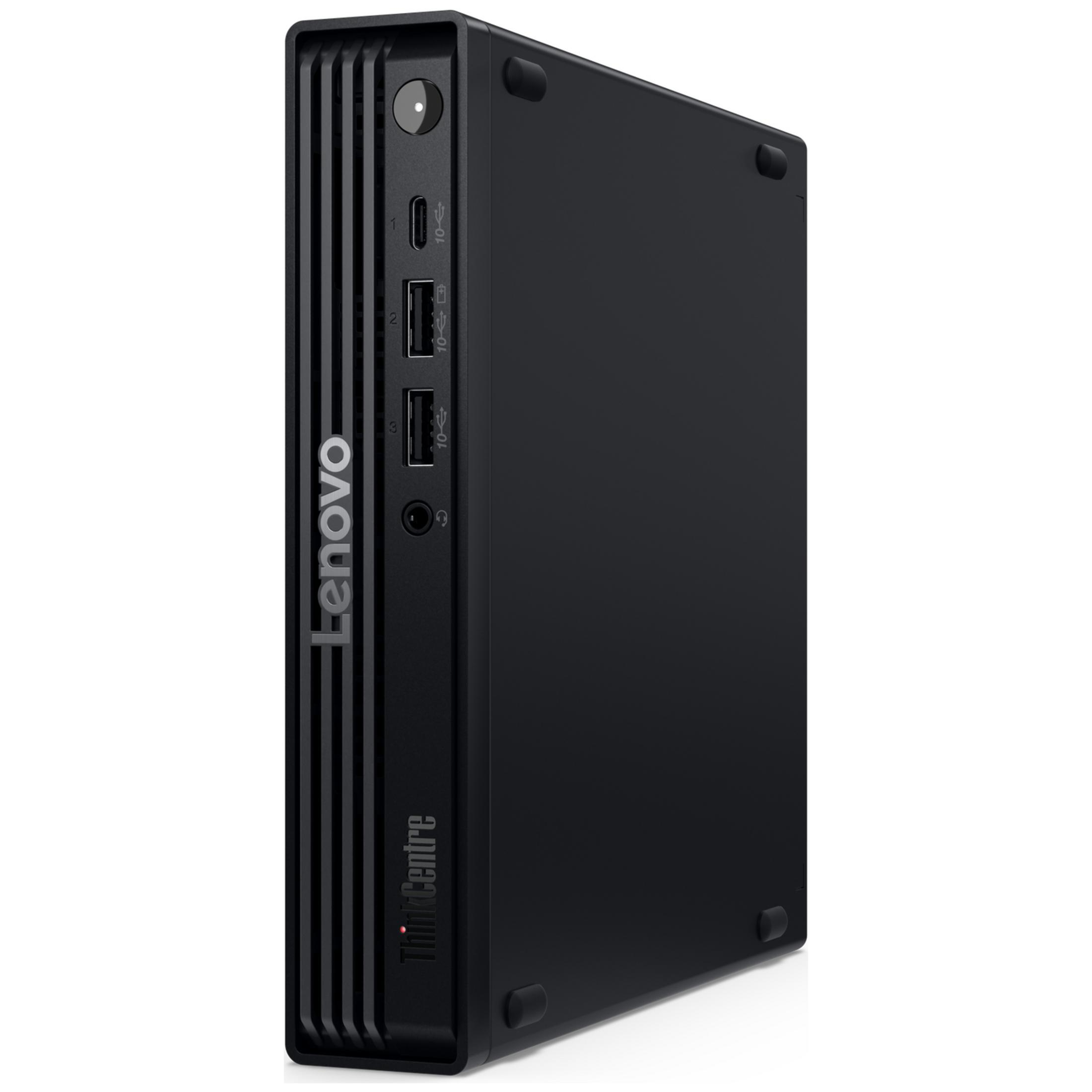 Ein schwarzer Lenovo ThinkCentre Mini-PC steht auf einer weißen Oberfläche mit sichtbaren Frontanschlüssen.