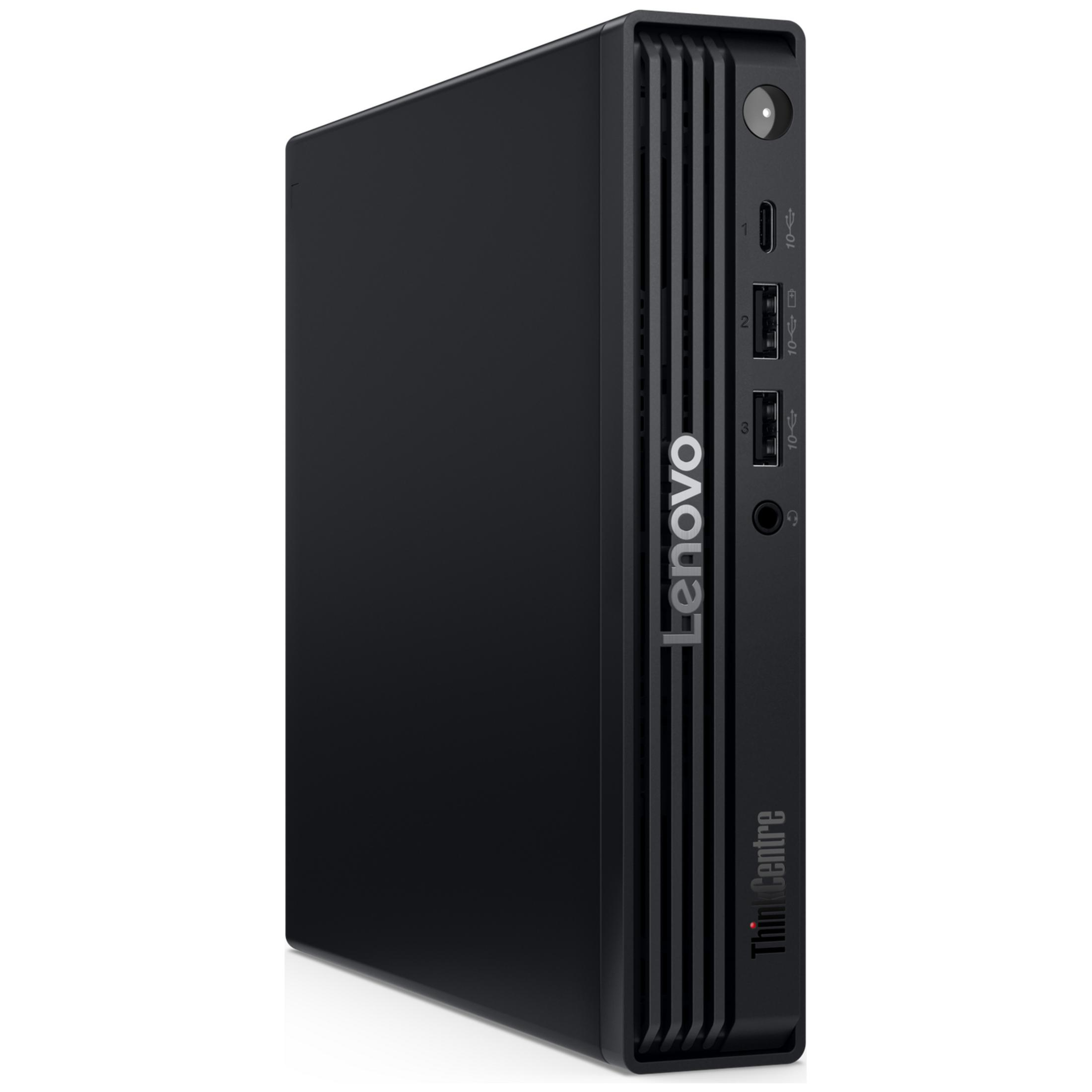 Ein schwarzer Lenovo ThinkCentre Mini-PC steht auf einer weißen Oberfläche mit sichtbaren Frontanschlüssen.