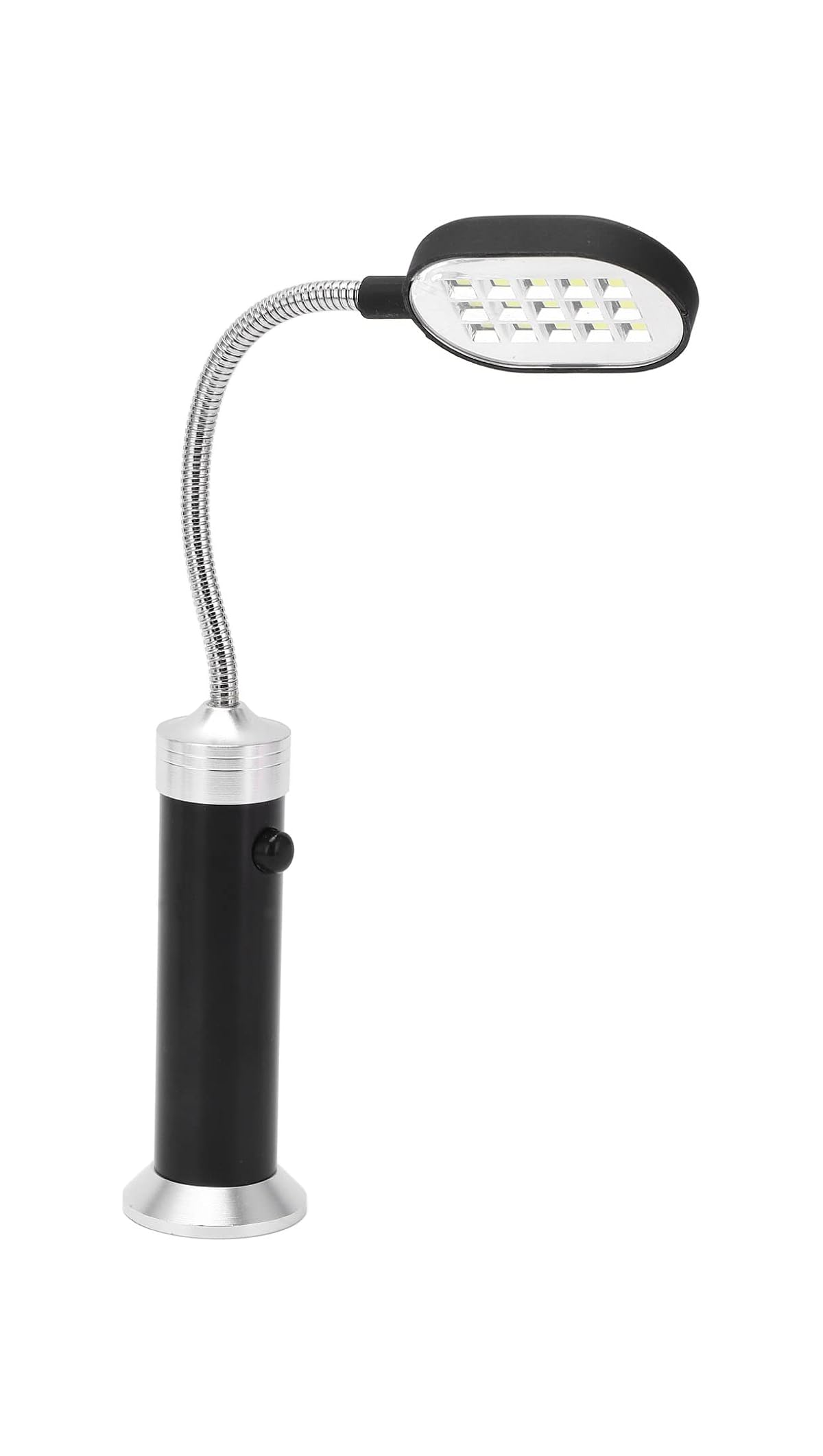 Eine schwarz-silberne LED-Lampe mit flexiblem Schwanenhals und rundem Sockel vor weißem Hintergrund.