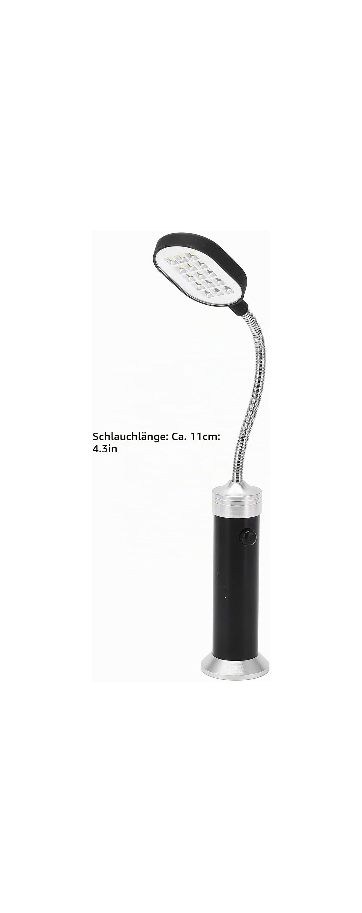 Schwarze LED-Lampe mit flexiblem Hals und silbernem Sockel auf weißem Hintergrund.