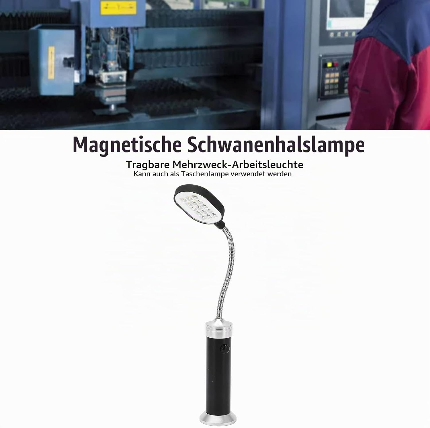Eine flexible Magnet-Schwanenhalslampe mit LED-Licht und schwarzem Griff, platziert vor einer Industriemaschine.