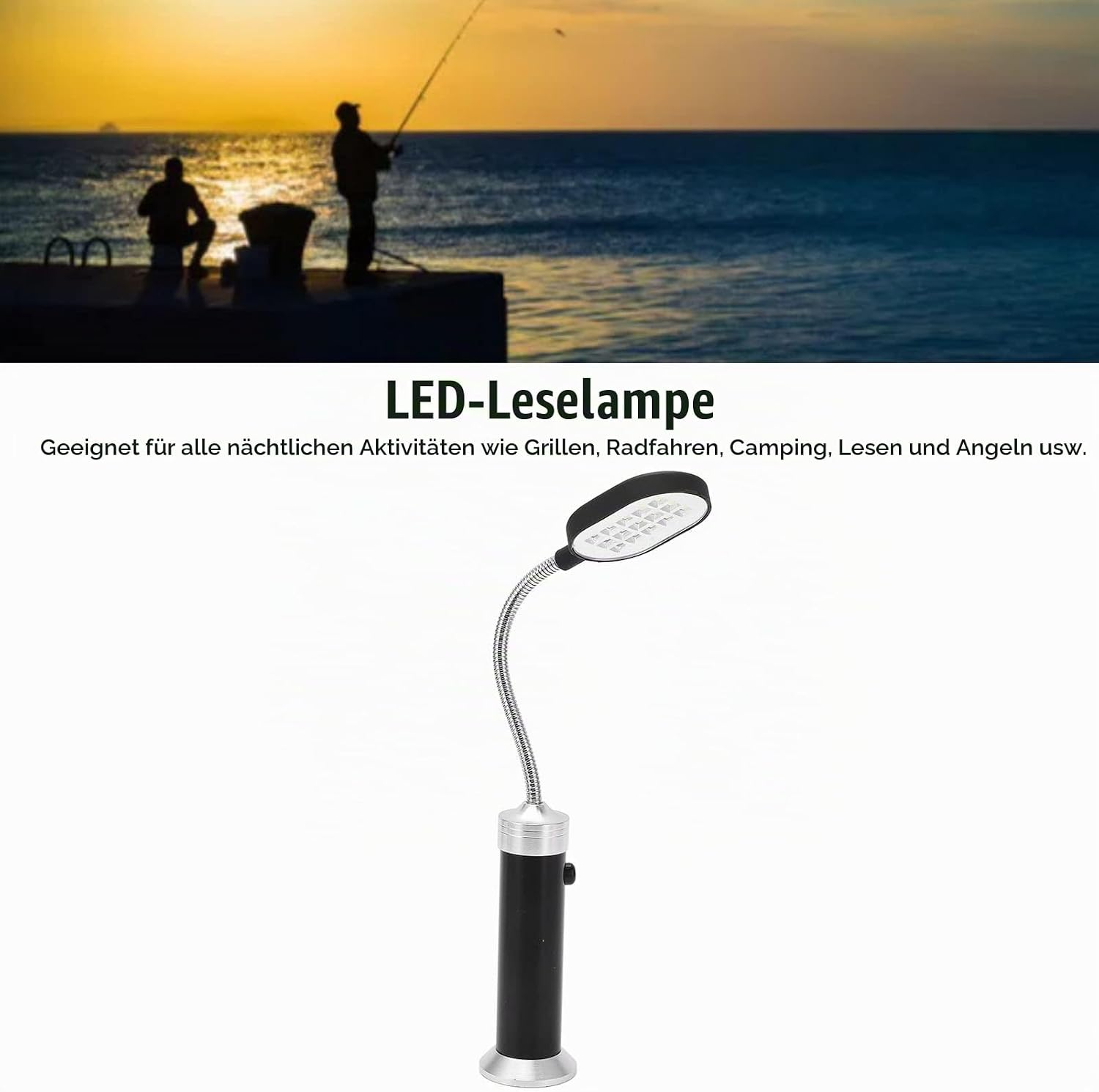 Eine schwarz-silberne LED-Leselampe mit flexiblem Schwanenhals unter einem Bild von zwei Anglern bei Sonnenuntergang.