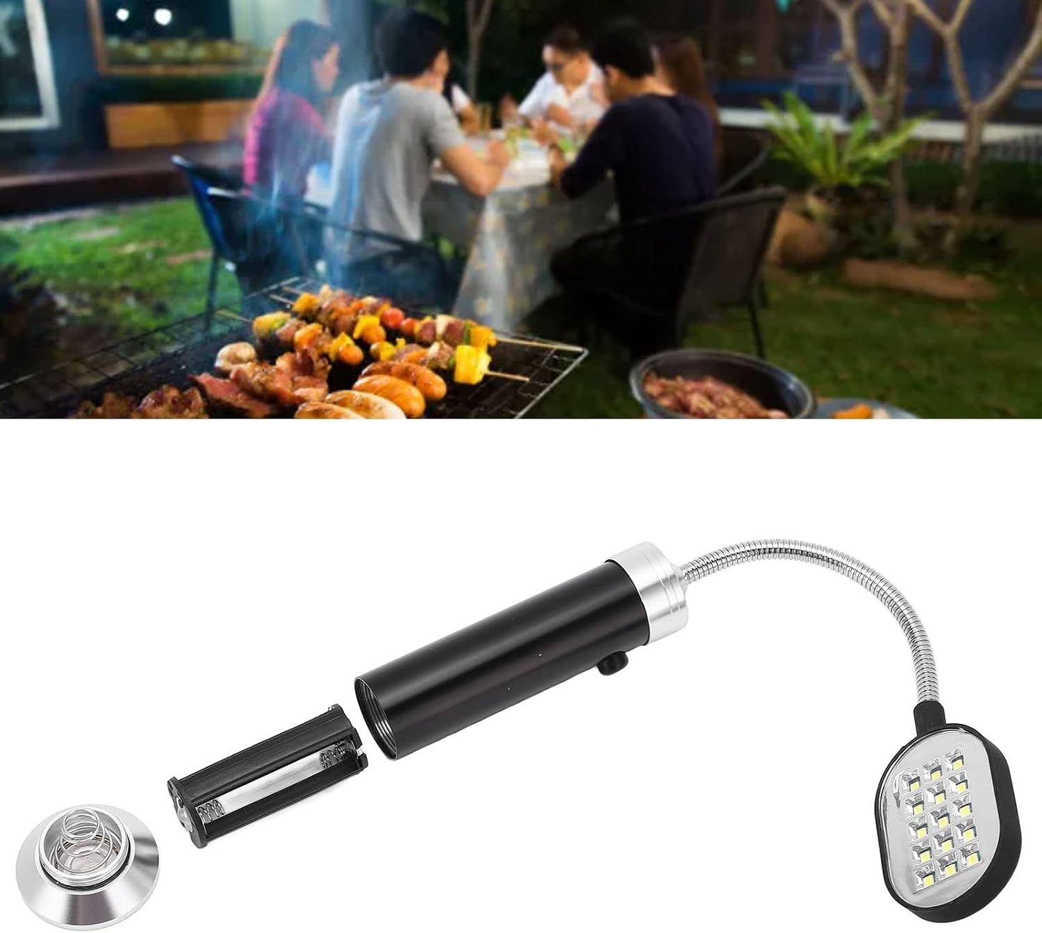 Eine zerlegte schwarze LED-Grilllampe mit flexiblem Schwanenhals, Batteriefach und Endkappe auf weißem Hintergrund.