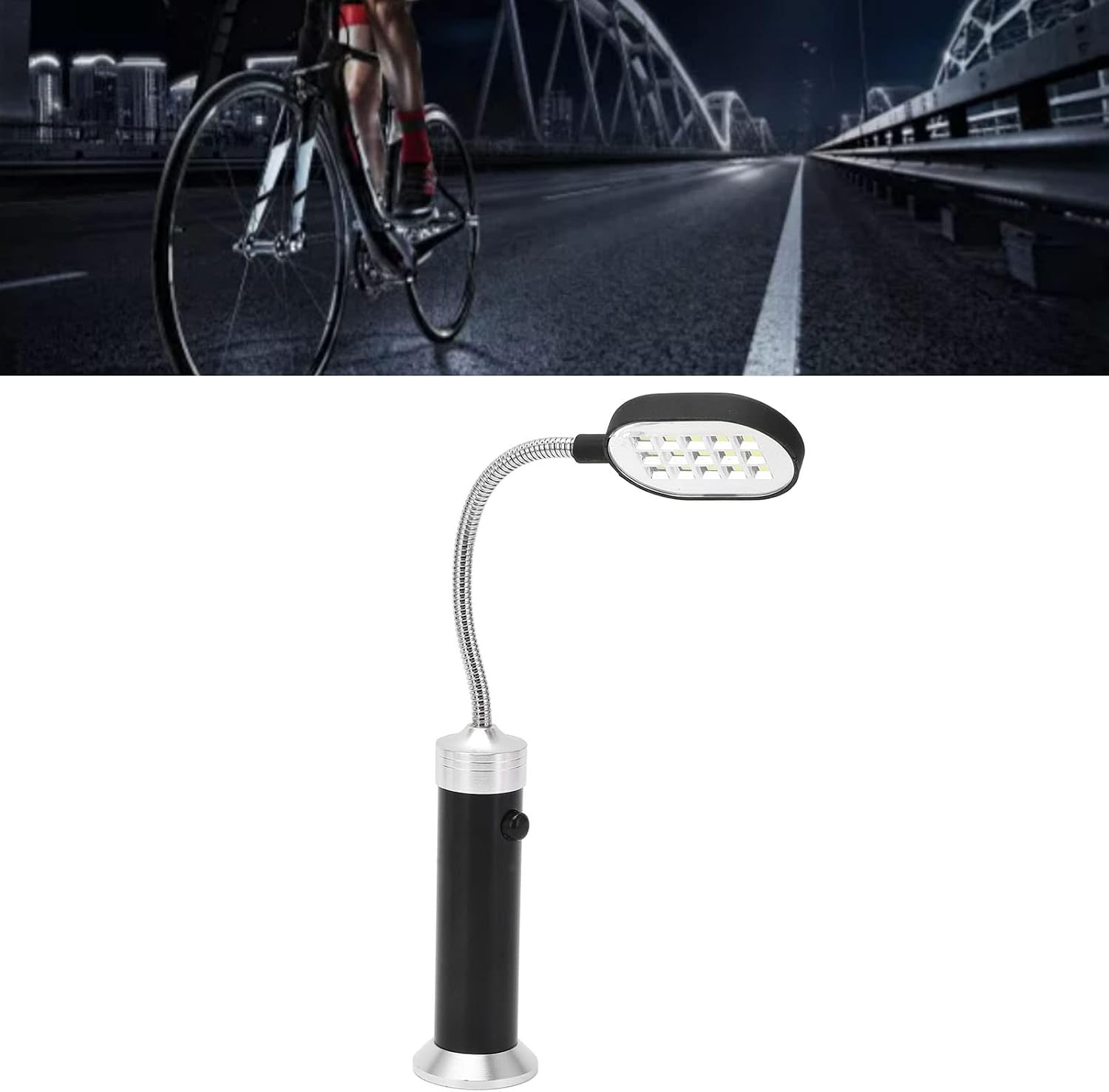 Schwarze Arbeitsleuchte mit flexiblem Hals und LED-Kopf vor einem Brücken-Hintergrund.