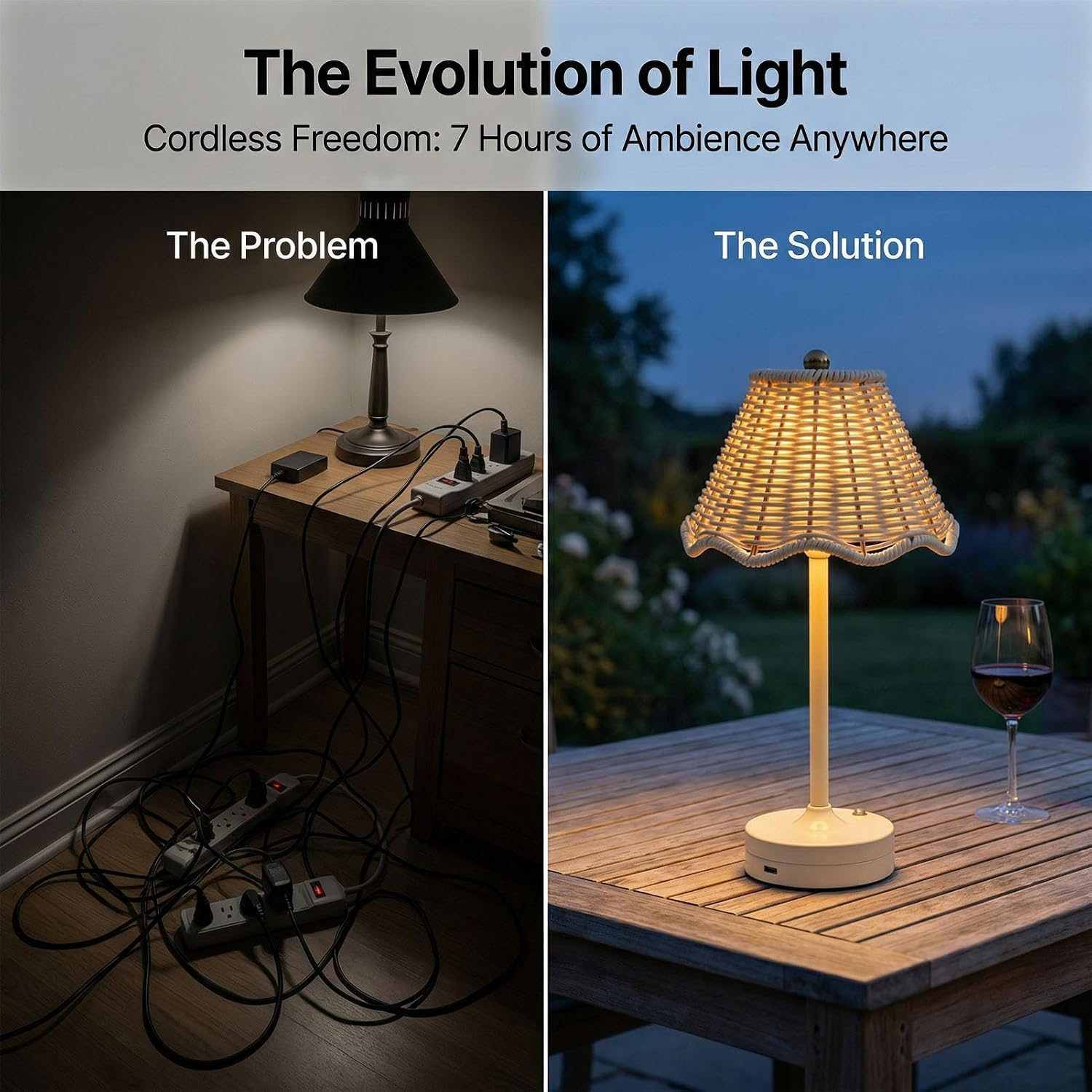 Vergleich: Eine Lampe mit vielen Kabeln kontra eine schnurlose Lampe im Freien.