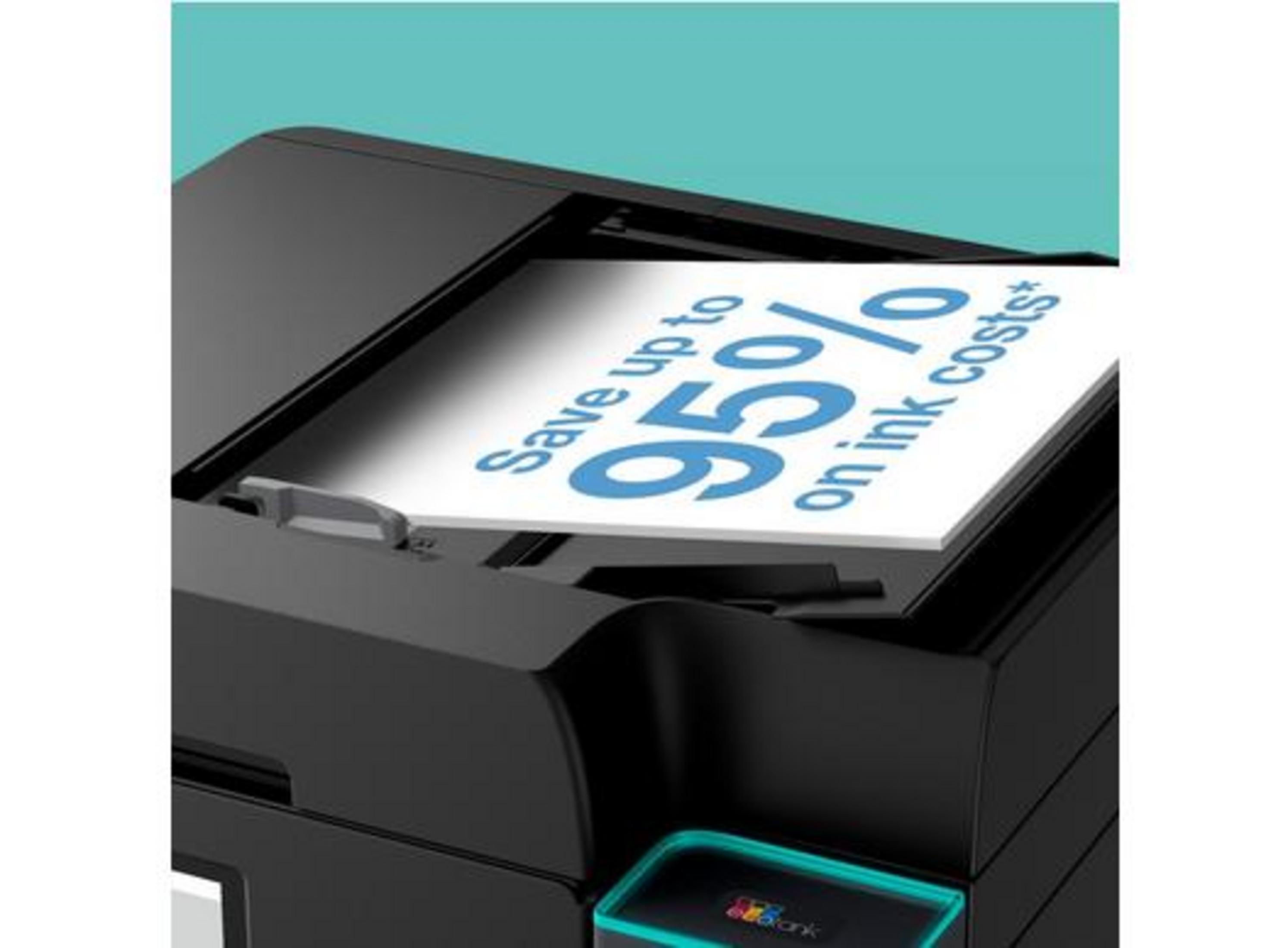 Una stampante nera con un foglio che dice 'Save up to 95% on ink costs'.