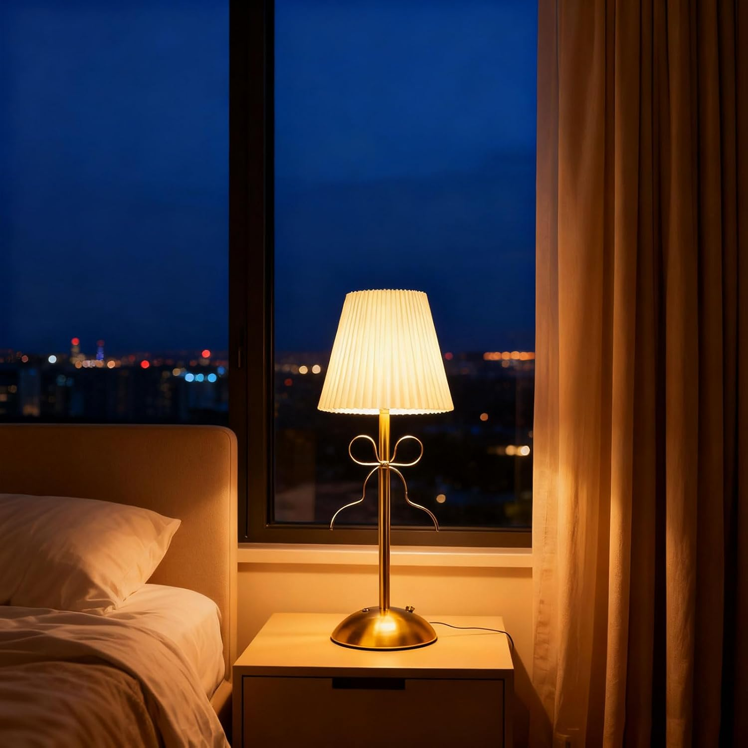 Eine brennende Nachttischlampe auf einem Nachttisch neben einem Bett, mit Blick auf die abendliche Stadt im Hintergrund.