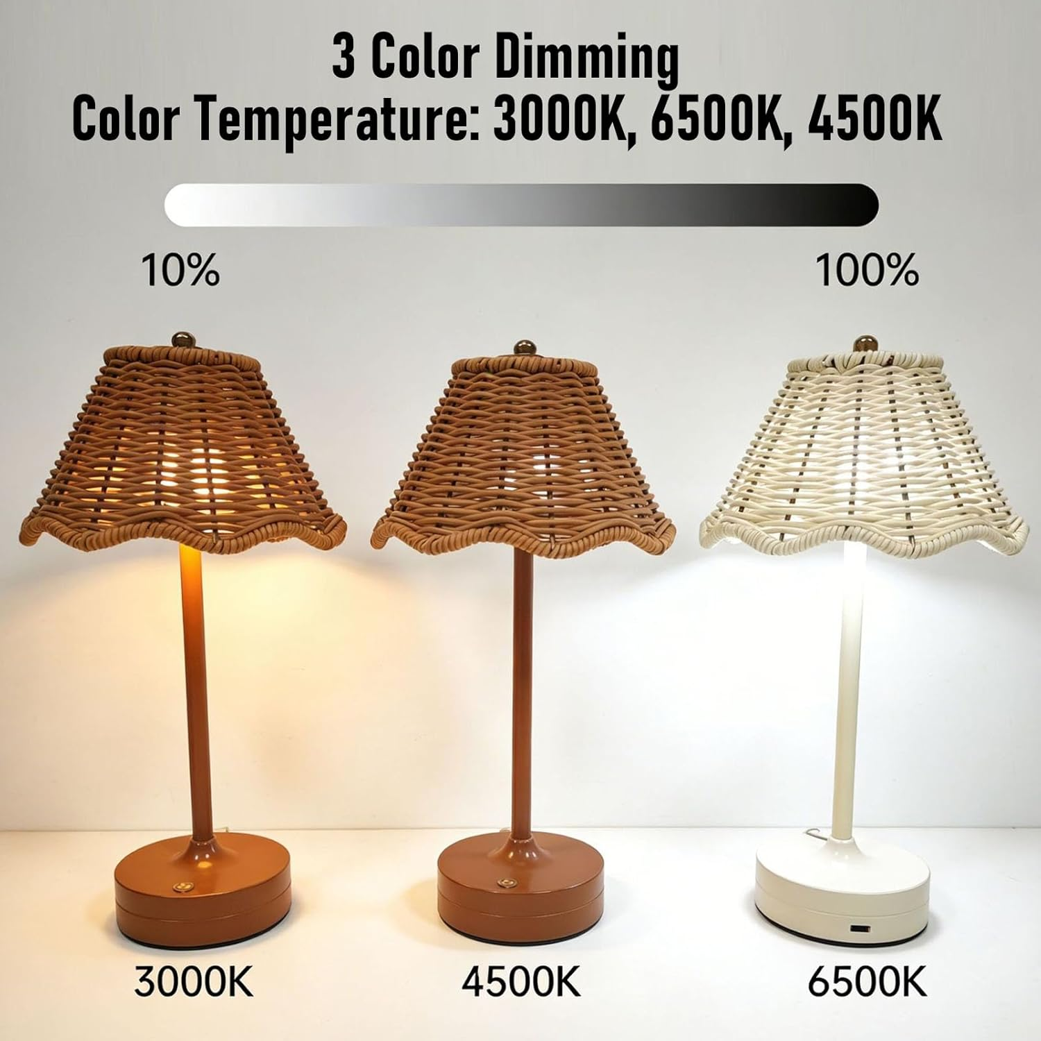 Drei Rattantischlampen mit unterschiedlichen Farbtemperaturen von 3000K, 4500K und 6500K.