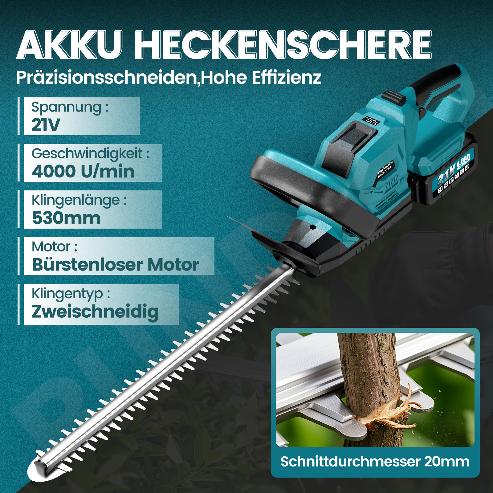 Türkise Akku-Heckenschere mit technischen Daten auf blauem Hintergrund und Nahaufnahme des Schnitts.