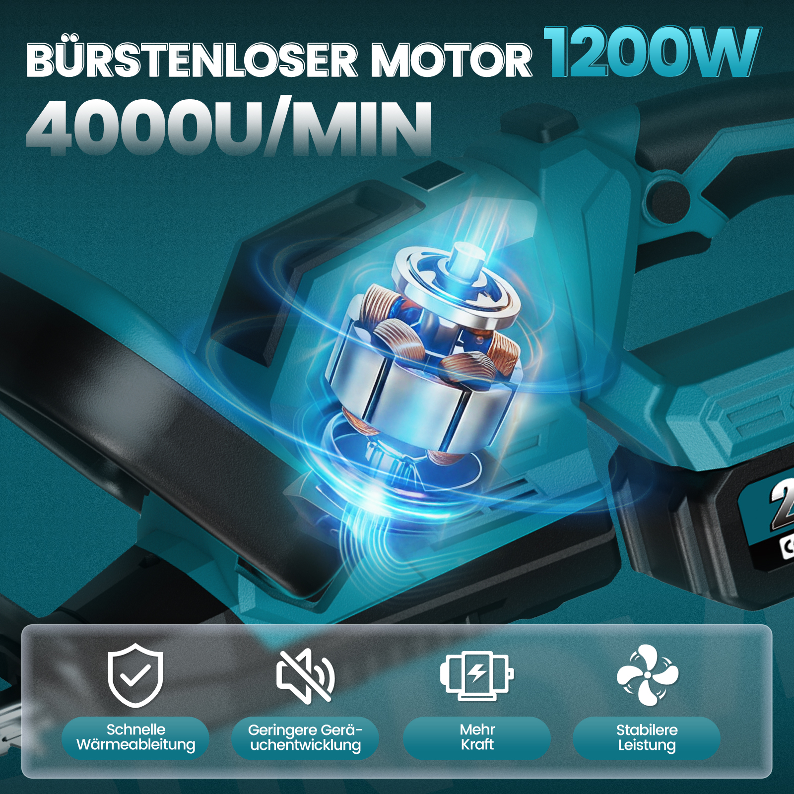 Bürstenloser Motor 1200W mit 4000U/min in einer blauen Akku-Heckenschere mit Wärmeleitung und Stabilität.