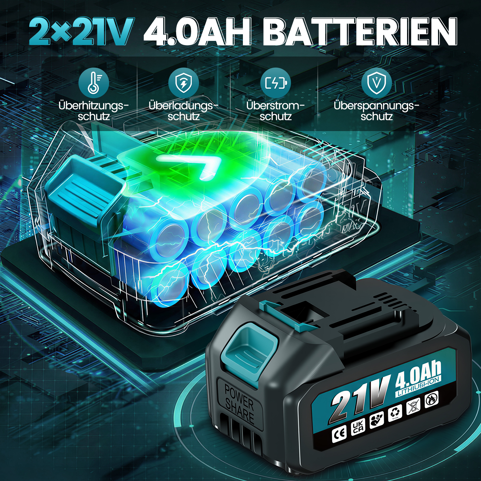 Röntgenansicht einer 21V 4.0Ah Batterie mit internen Zellen und Schutzfunktionen.
