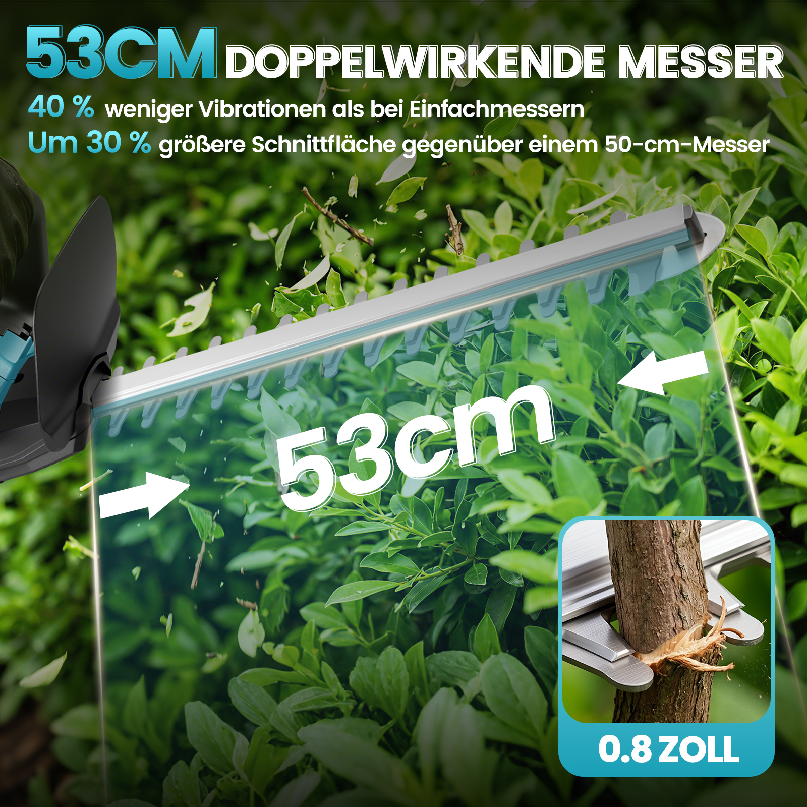53 cm doppelt wirkende Messer mit Text und Detailansicht beim Schneiden eines Astes.
