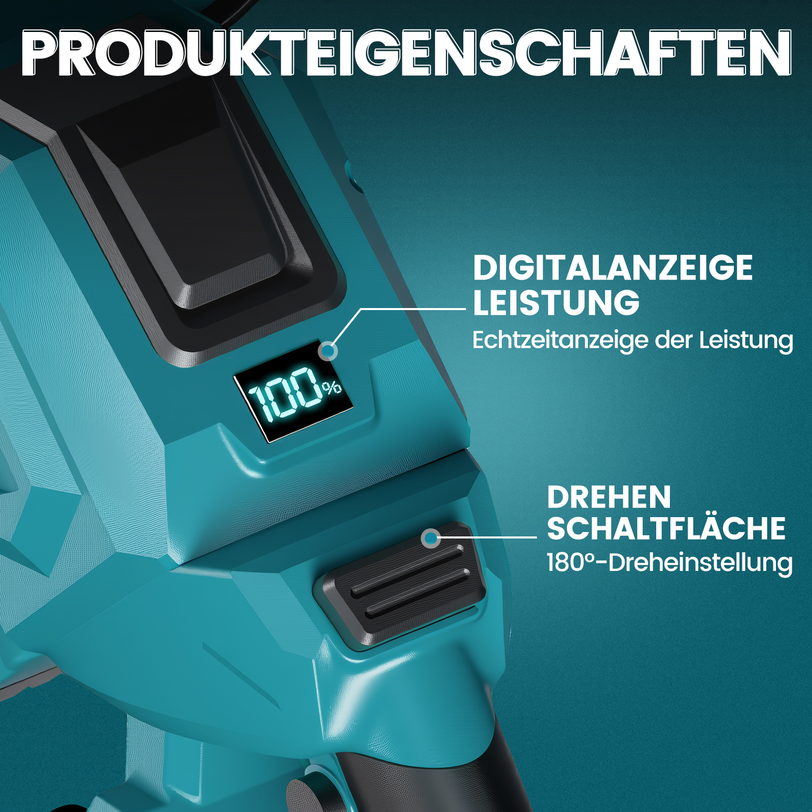 Nahaufnahme eines blauen Elektrowerkzeugs mit digitaler 100%-Anzeige und Dreheinstellung.