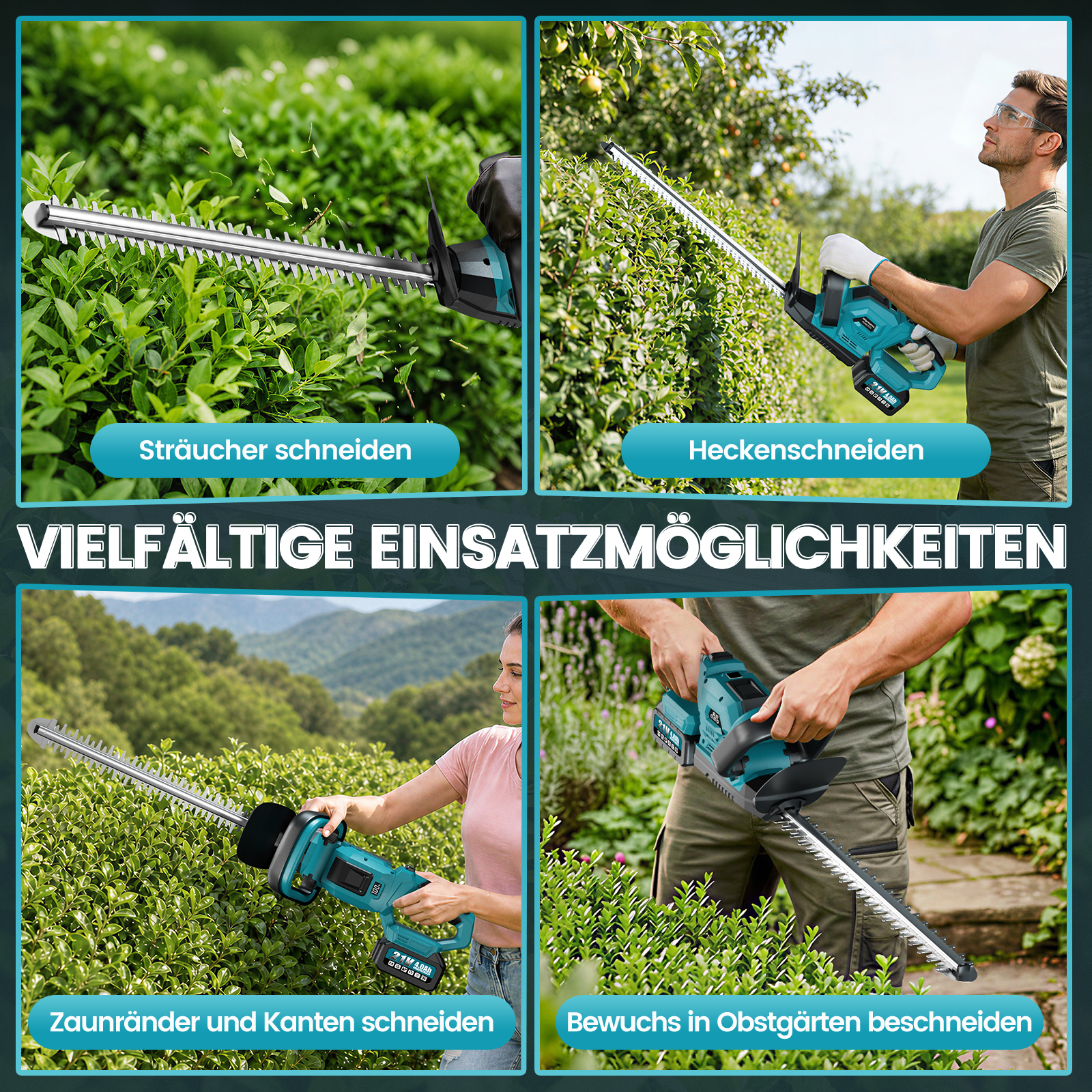 Vier Felder zeigen einen blauen Akku-Heckenschneider beim Schneiden von Sträuchern im Garten mit deutschem Text.