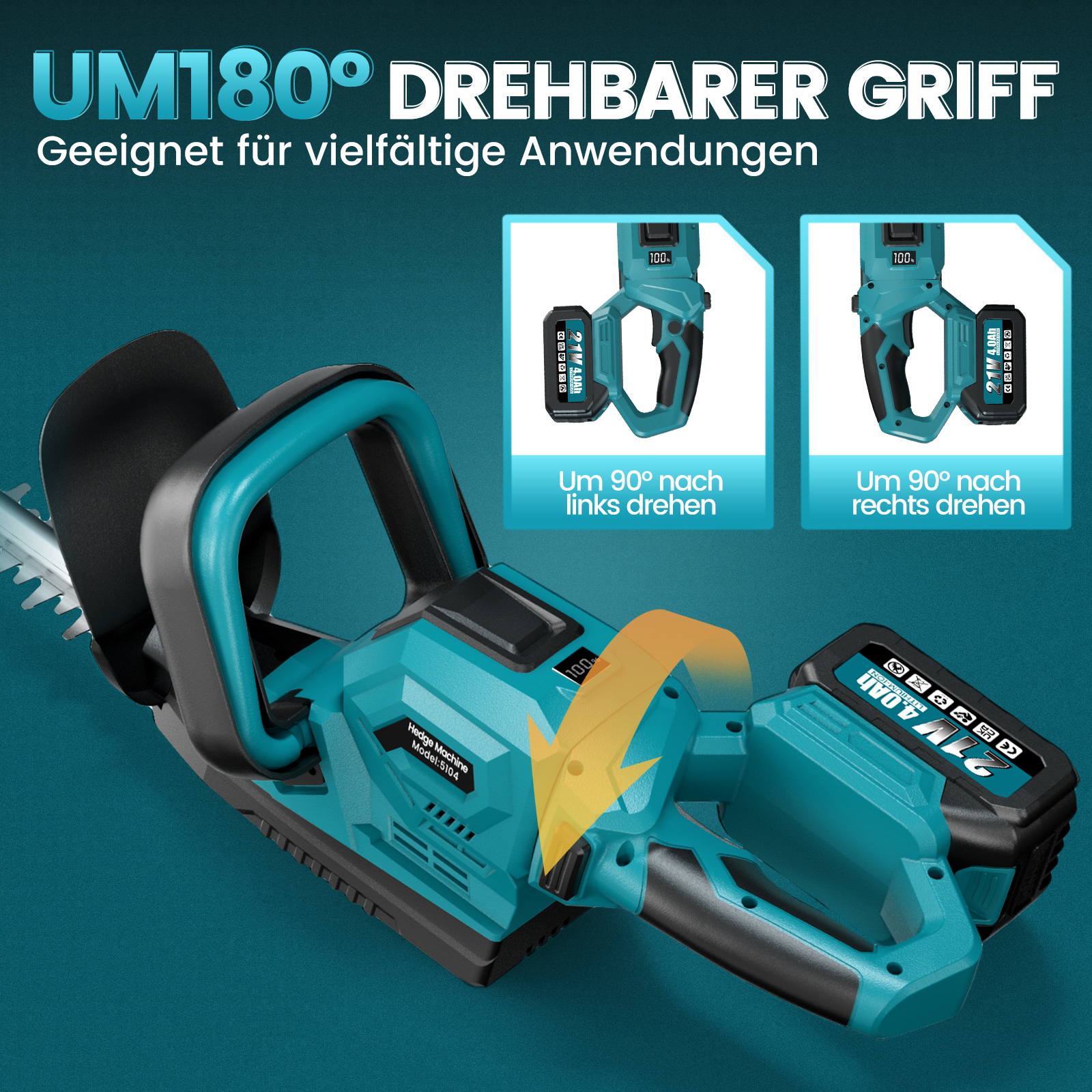 Türkise Akku-Heckenschere mit 180° drehbarem Griff und zwei Insets, die die Links- und Rechtsdrehung zeigen.
