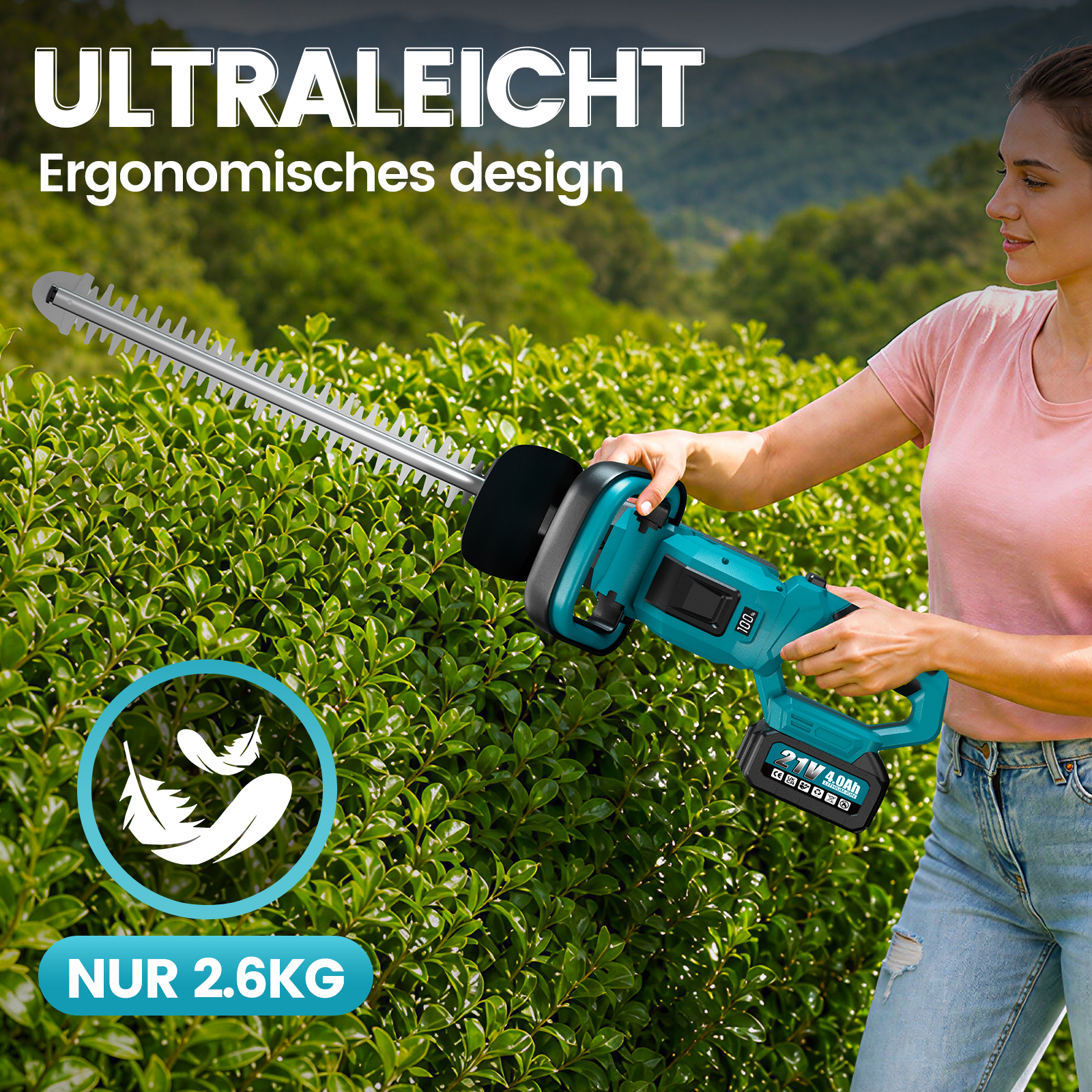 Eine Frau schneidet mit einer leichten Akku-Heckenschere eine grüne Hecke. Textoverlays zeigen Produktdetails.