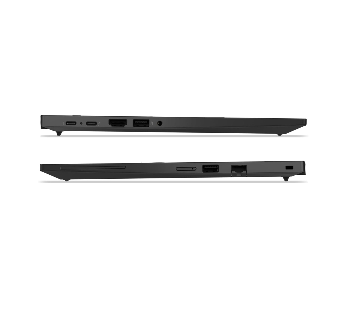 Seitenansichten eines schwarzen Laptops mit verschiedenen Anschlüssen wie USB, HDMI und LAN.