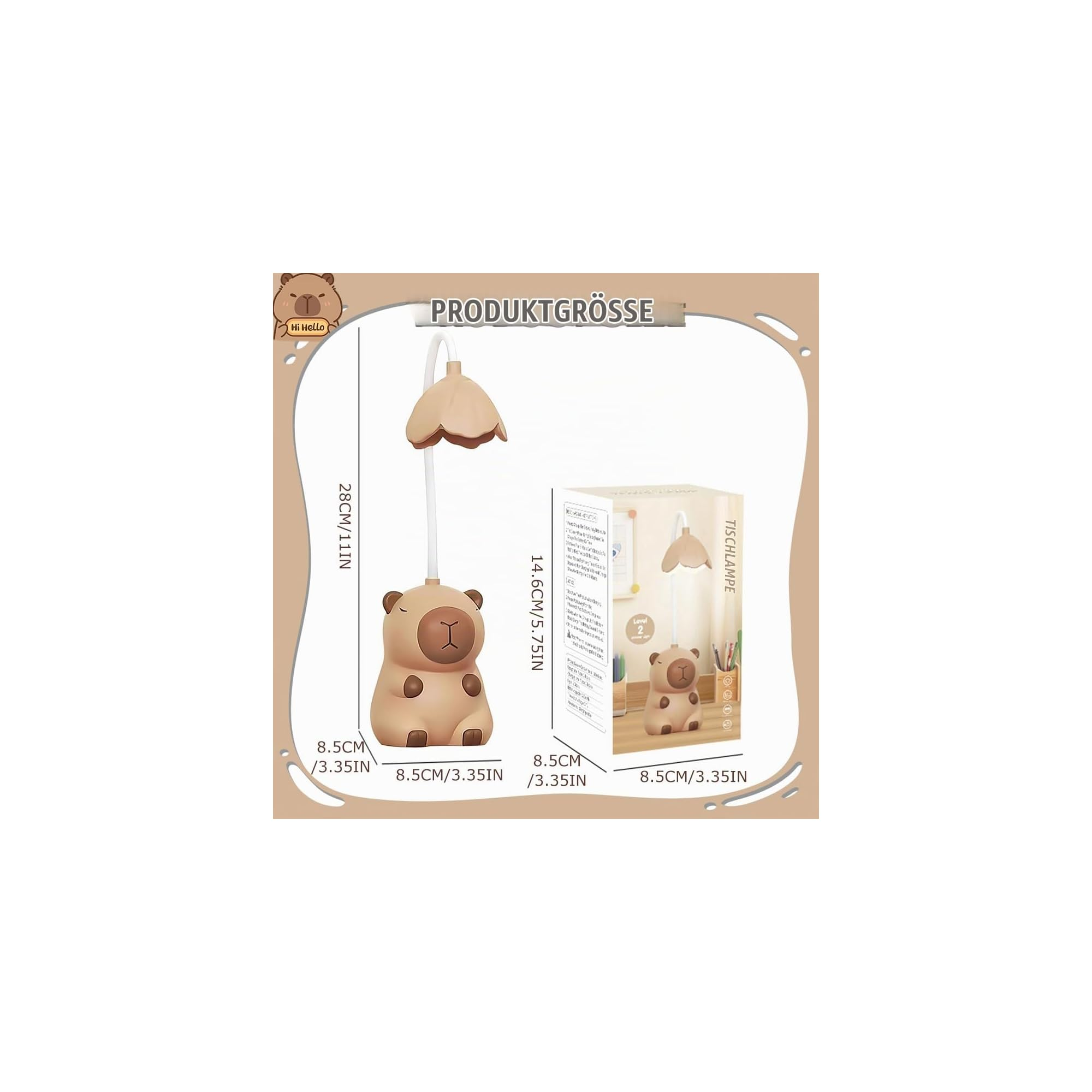Diagramm zeigt die Maße einer braunen Capybara-Tischlampe.