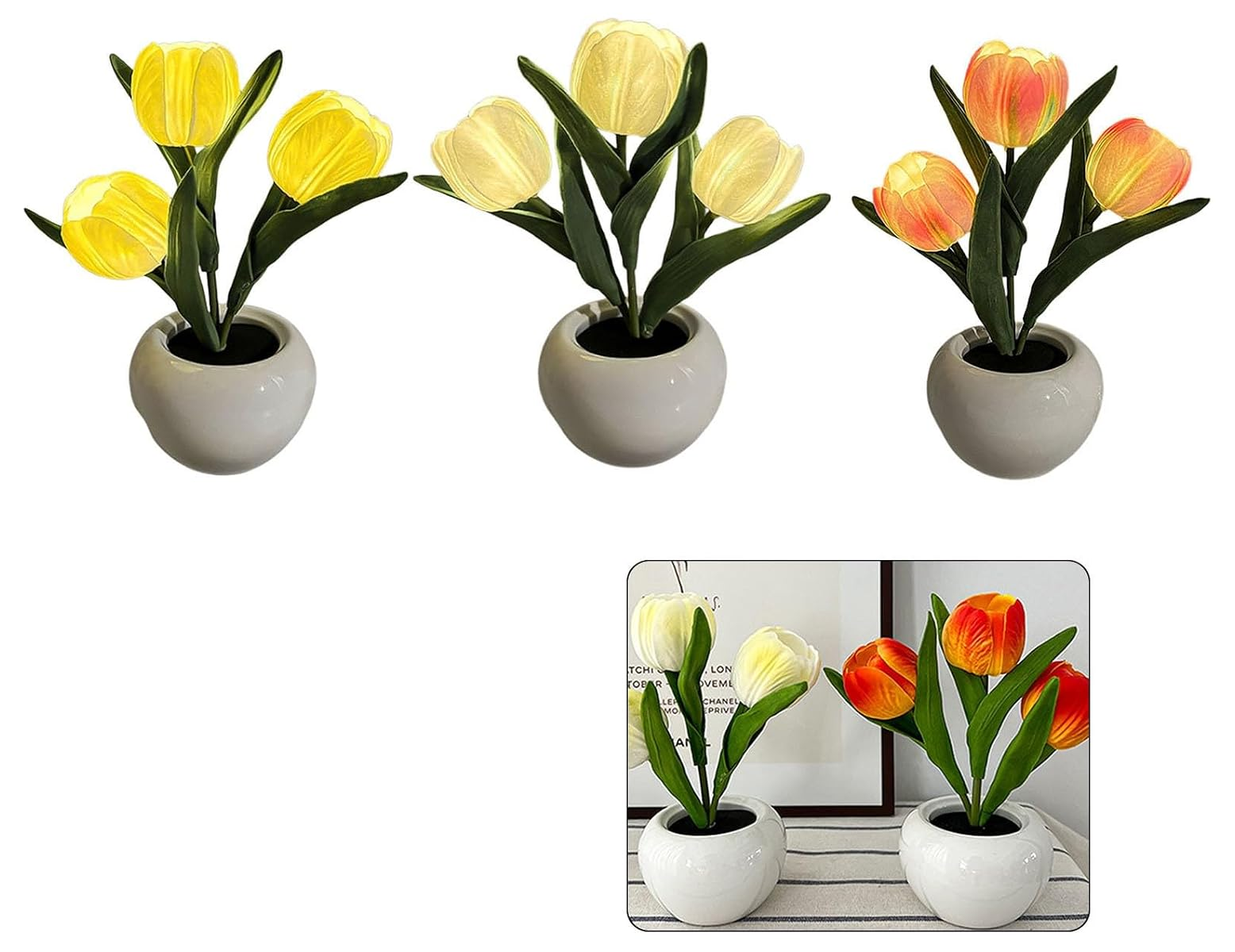 Drei kleine Vasen mit gelben und orangefarbenen Tulpen in verschiedenen Lichtmodi vor weißem Hintergrund.