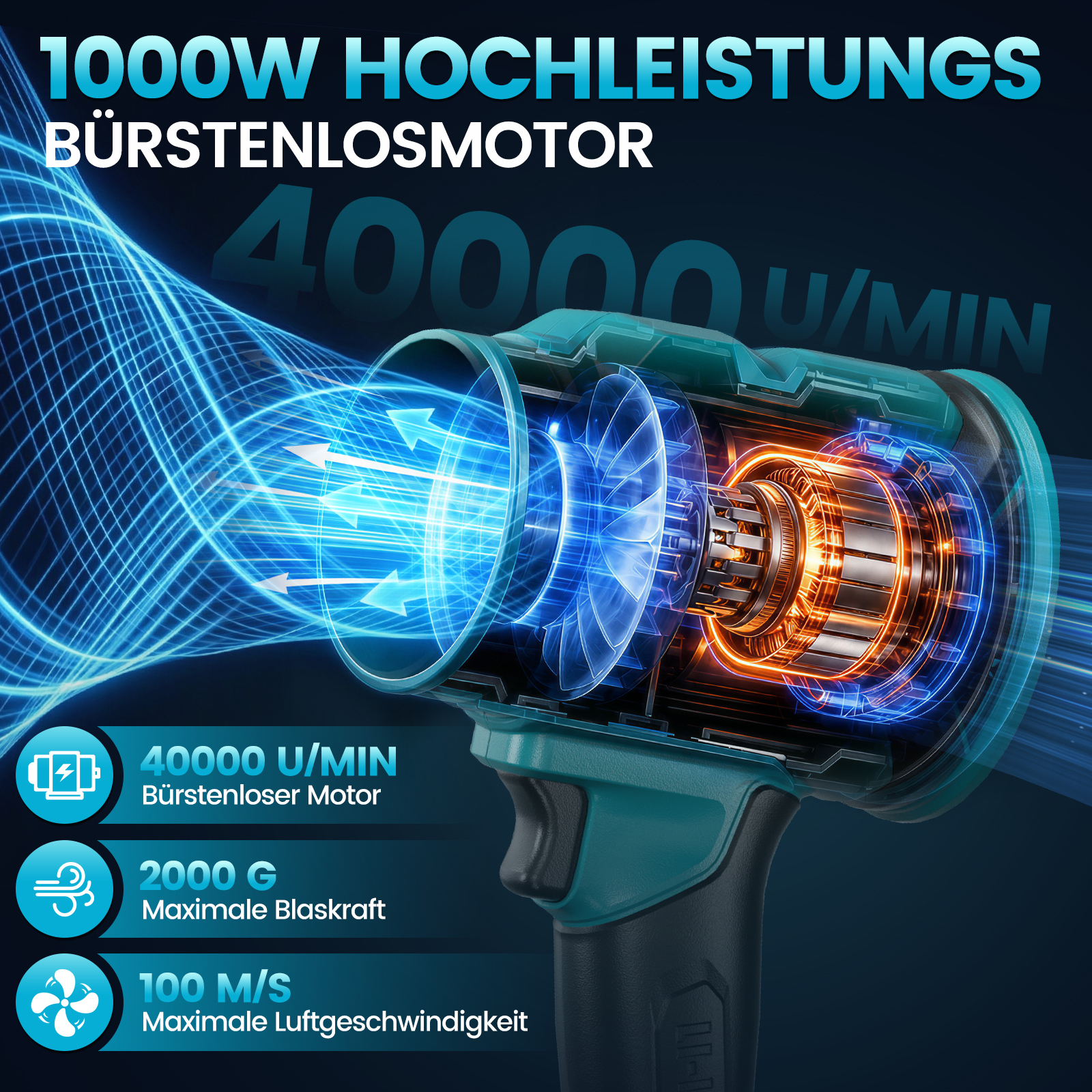 Querschnitt eines Elektrowerkzeugs mit starkem Motor und blauen Windstromlinien.