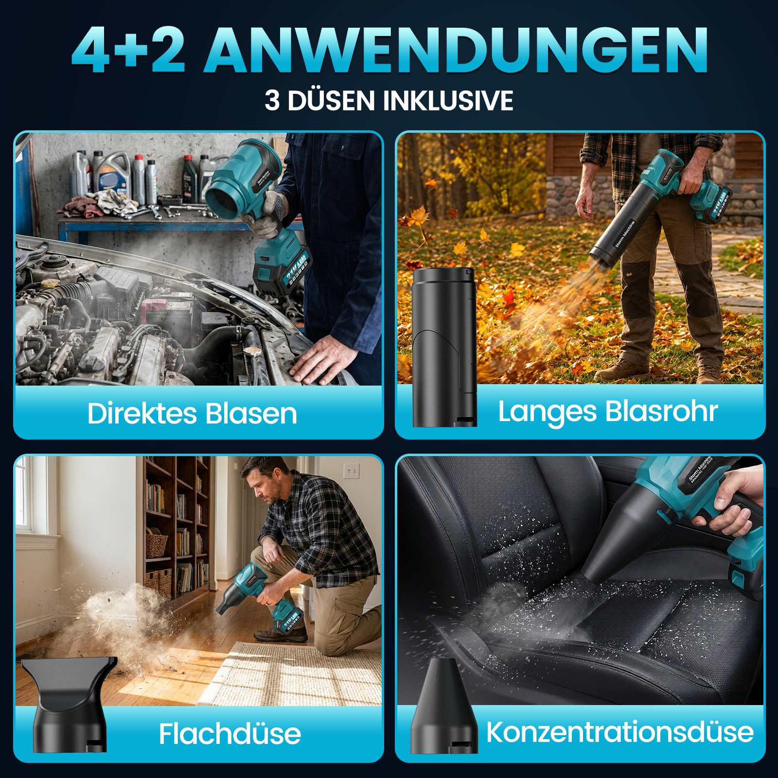 Vierteiliges Bild zeigt Akku-Gebläse für Autos, Laub, Böden und Sitze mit verschiedenen Düsen.