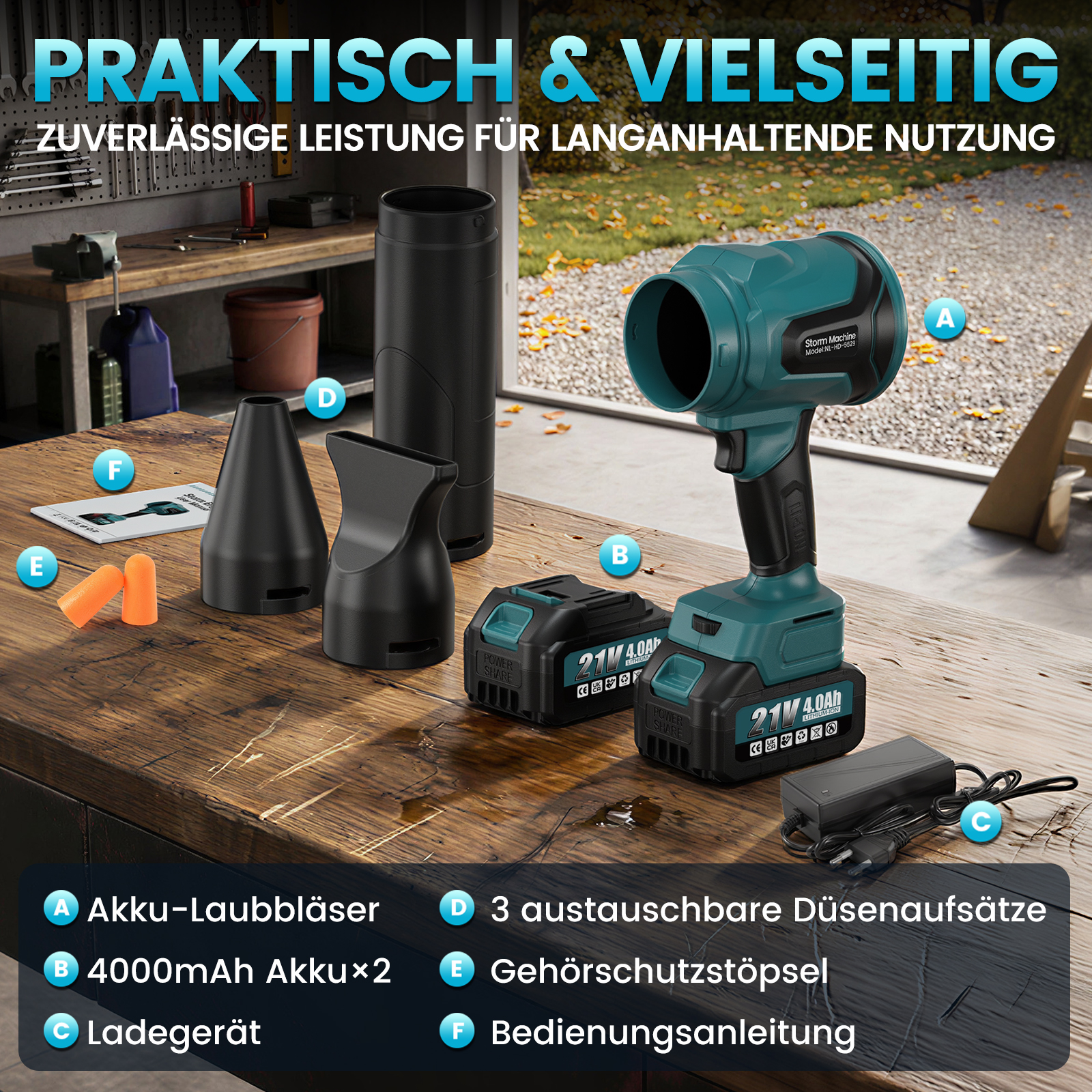 Ein Akkulaubbläser mit Aufsätzen, Akkus und Ladegerät auf einem Holztisch in einer Werkstatt.