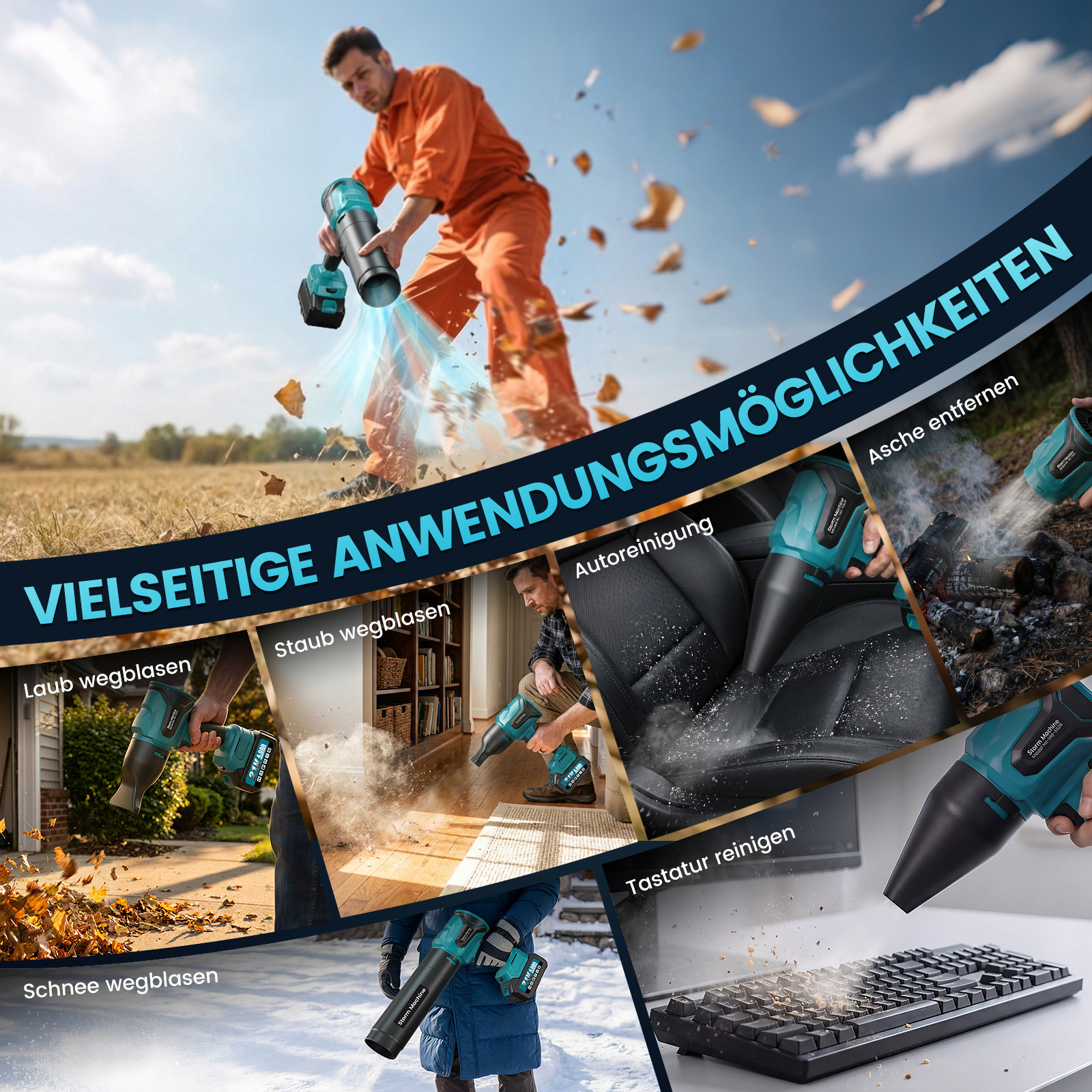 Collage zeigt einen Akku-Blasgerät in verschiedenen Anwendungen wie Laub blasen, Auto reinigen und Tastatur säubern.