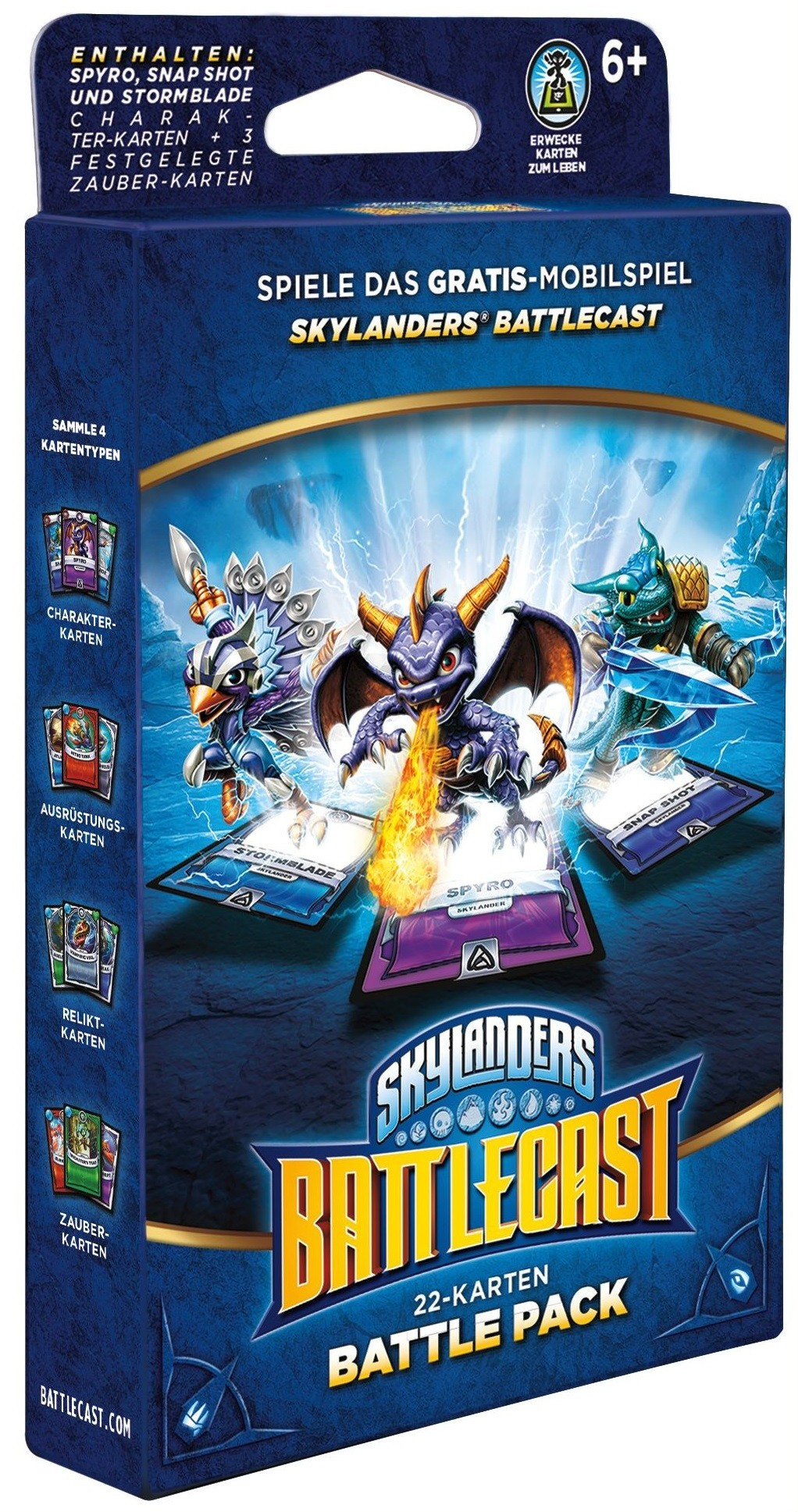 Blaue Skylanders Battlecast Battle Pack Schachtel mit Spyro, Stormblade und Snap Shot.