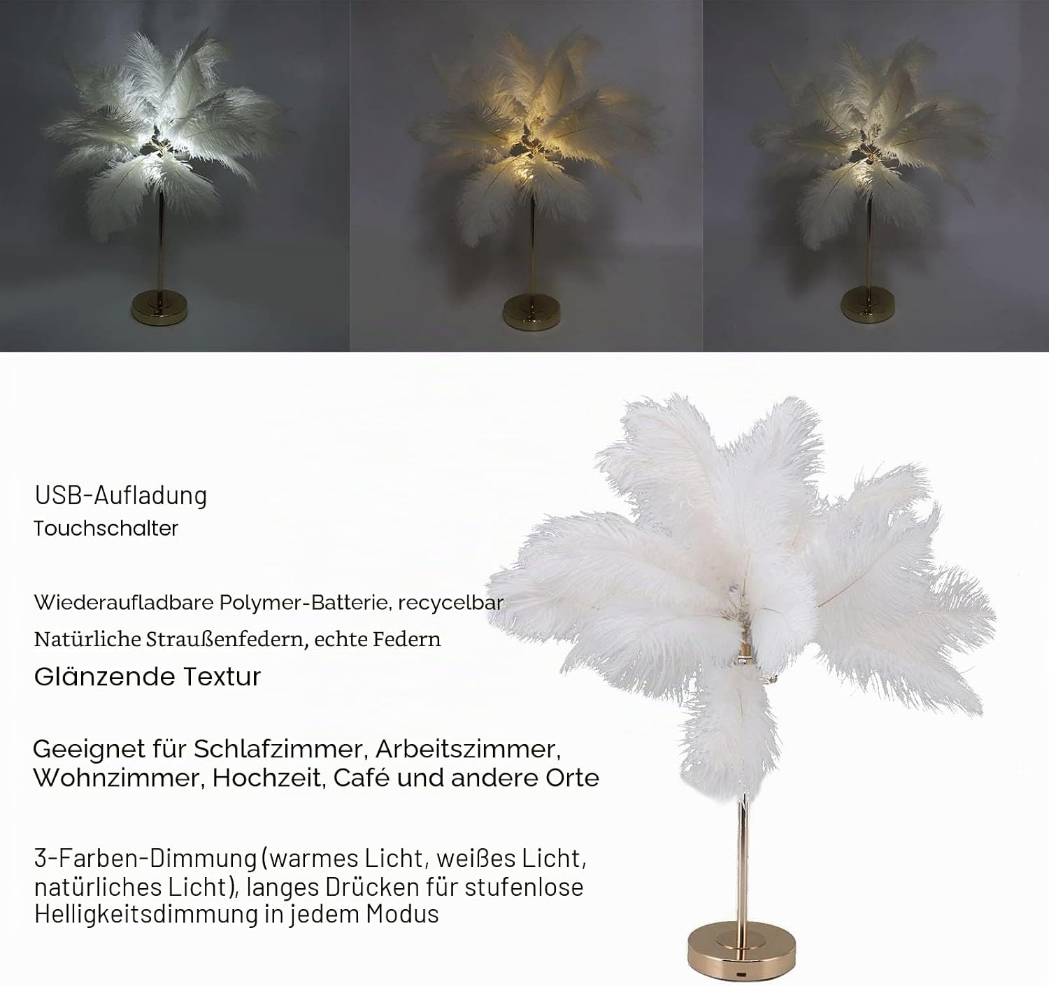 Eine dekorative Tischlampe aus weißen Straußenfedern mit einem goldenen Ständer und Text in deutscher Sprache.