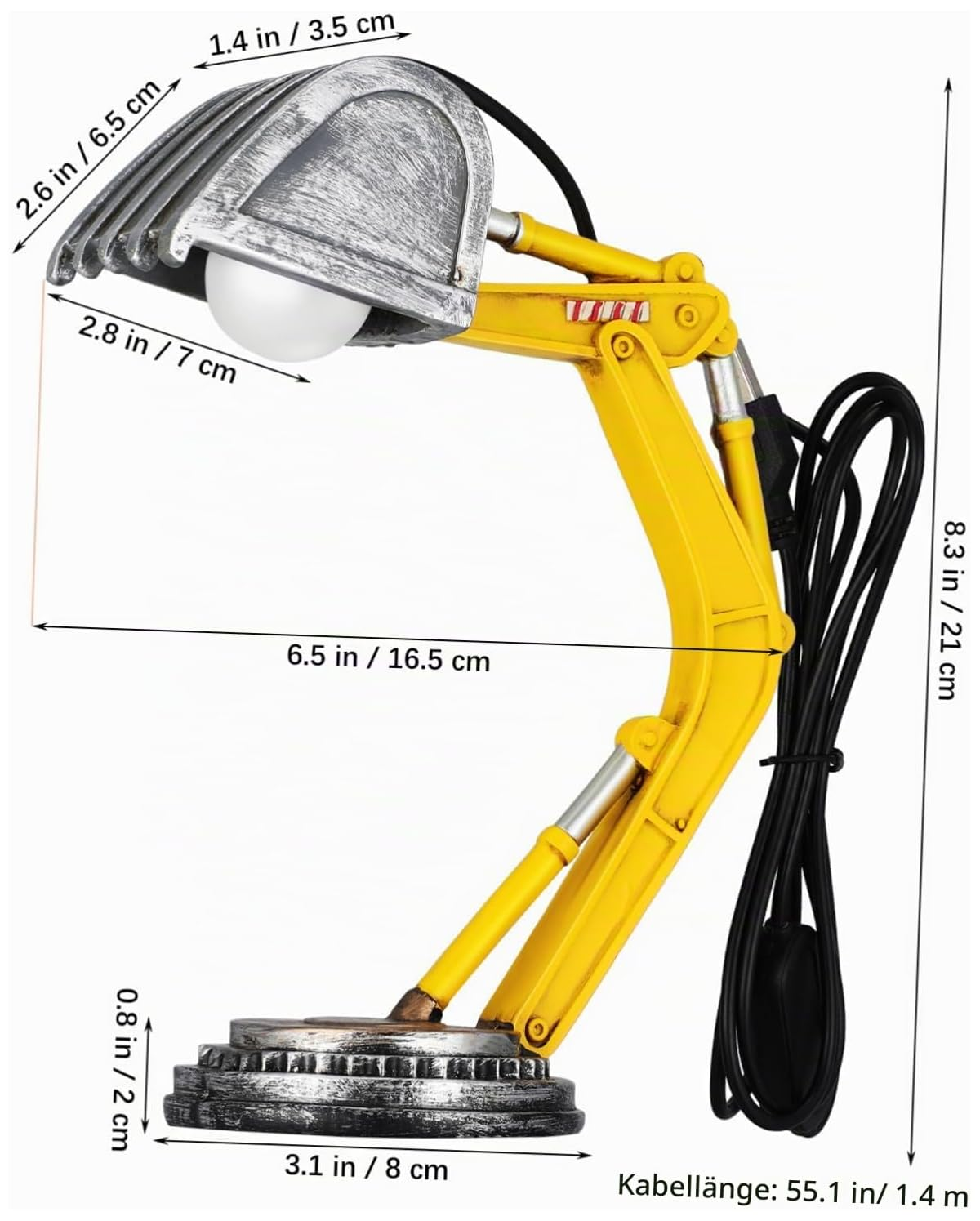 Eine gelbe Schreibtischlampe im Bagger-Design mit weißer Glühbirne und Maßangaben auf weißem Hintergrund.
