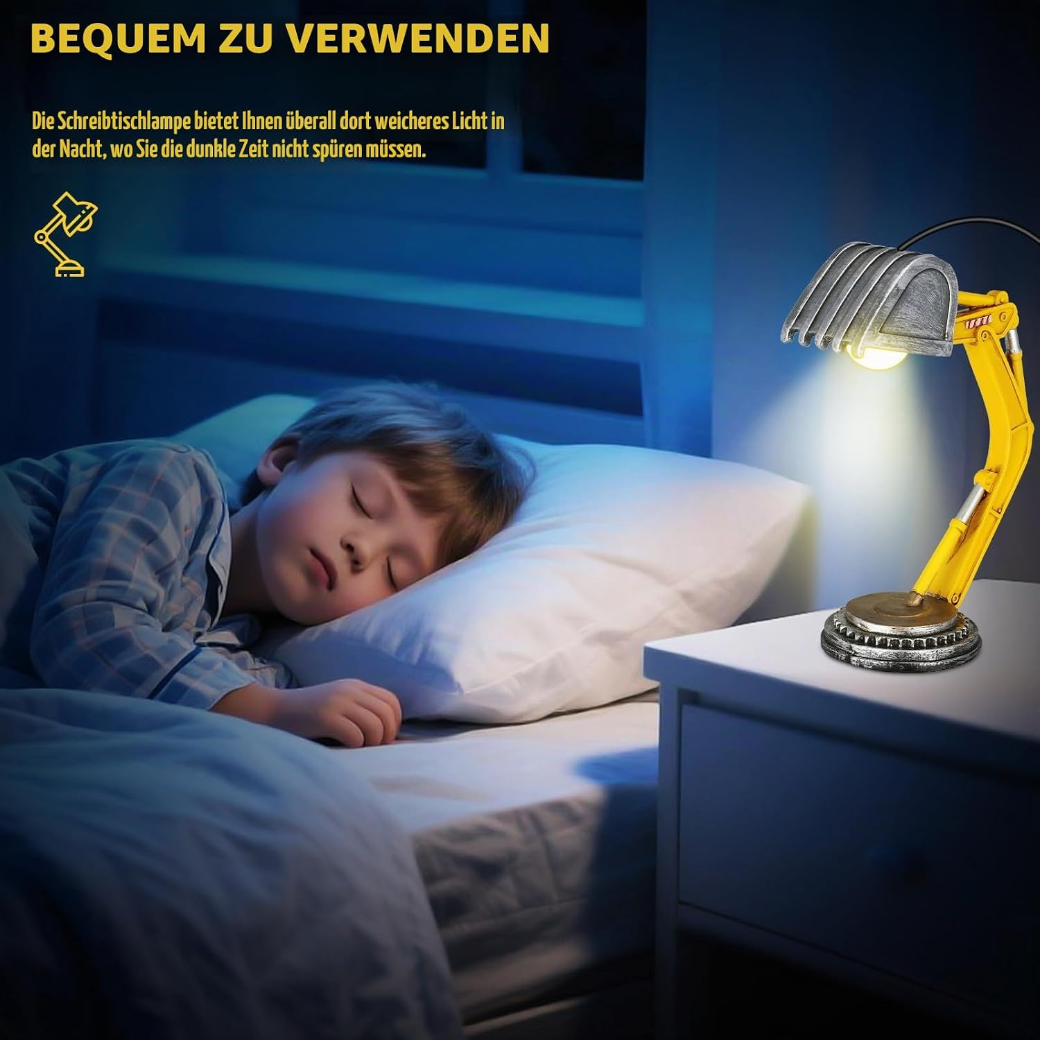 Eine gelbe Schreibtischlampe in Baggerform beleuchtet einen Nachttisch, während ein Kind im Bett schläft.