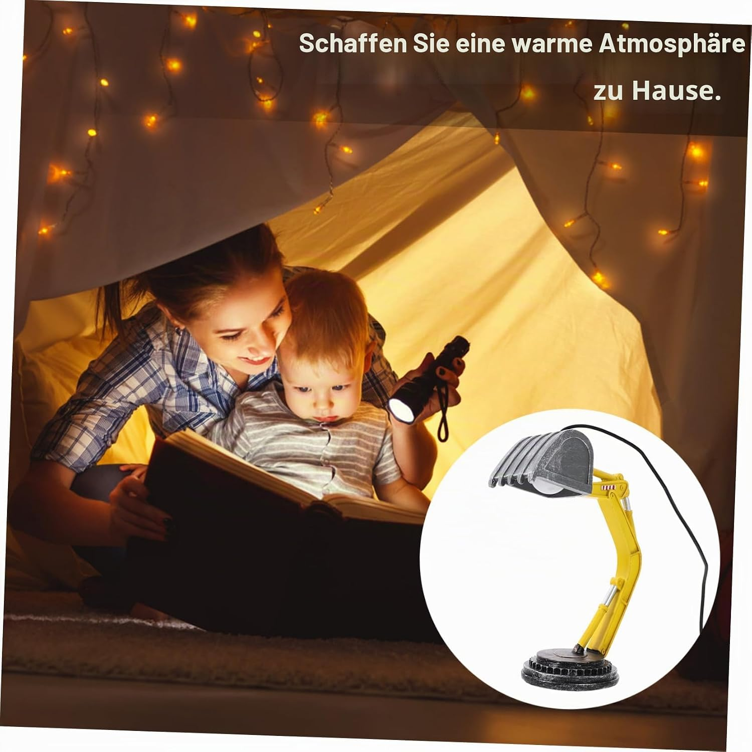 Mutter und Kind lesen in einem von Lichterketten beleuchteten Zelthäuschen,inset zeigt eine Bagger-Lampe.