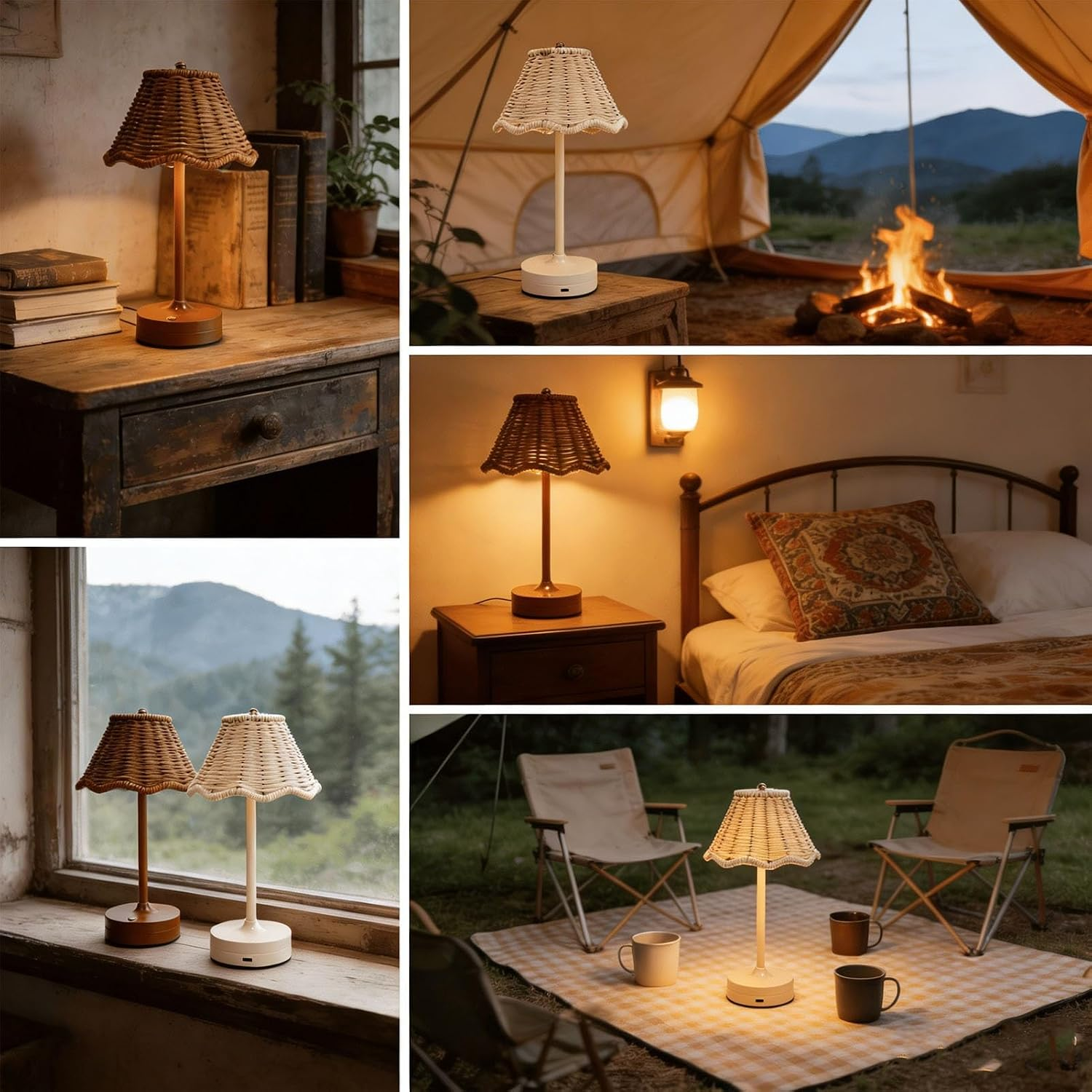Eine Rattantischlampe in verschiedenen Szenen wie Innenräumen, Camping und auf einem Fensterbrett.