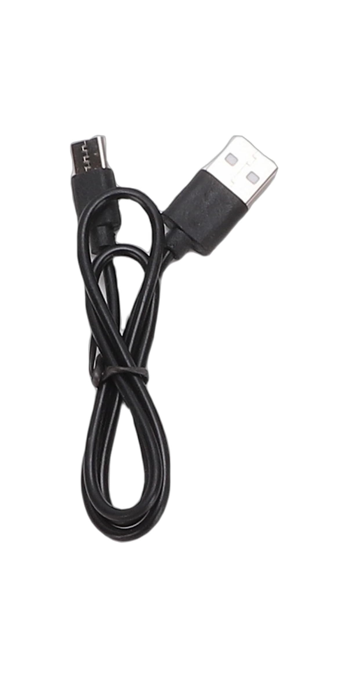 Ein aufgerolltes schwarzes USB-Kabel mit einem Standard-USB-A-Stecker und einem Micro-USB-Stecker.