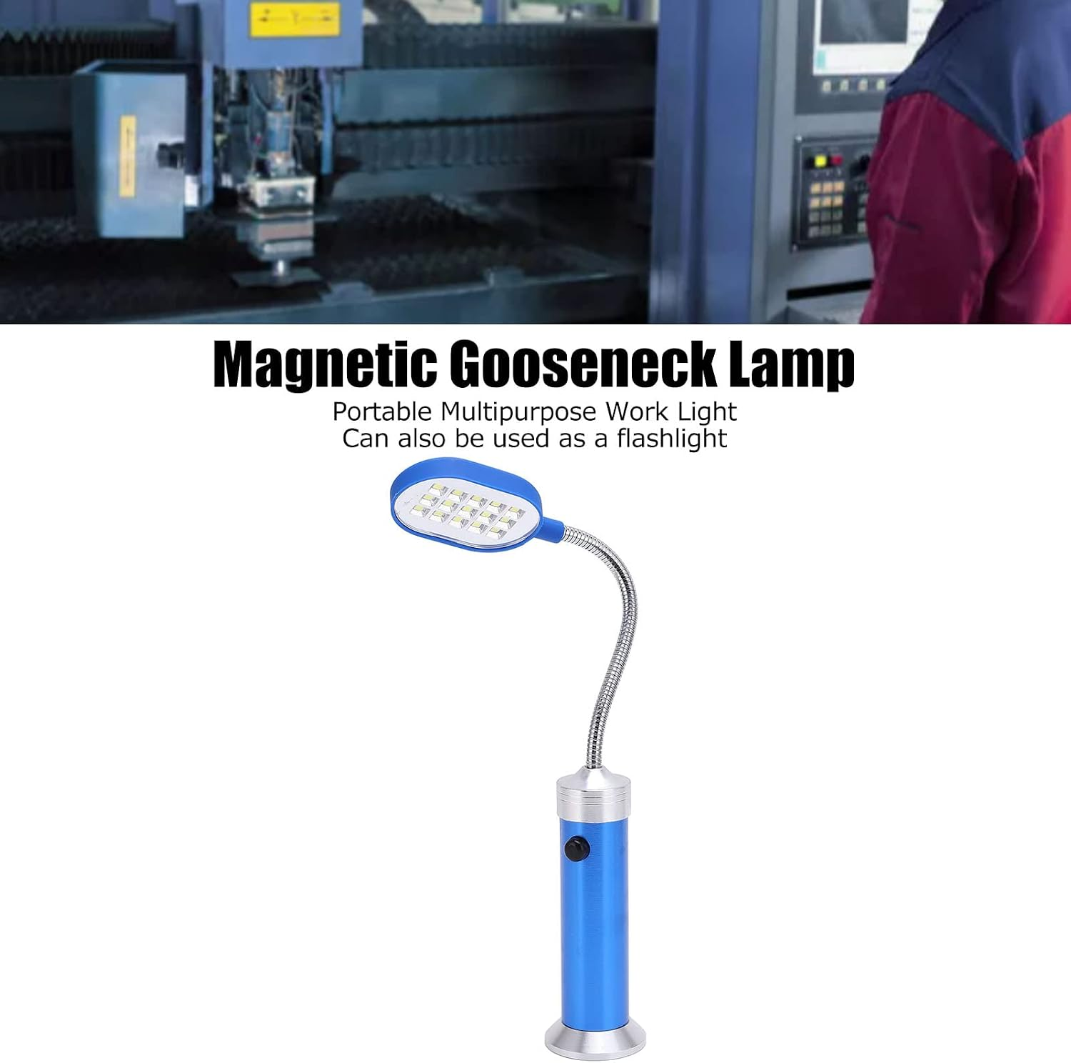 Eine blaue magnetische Schwanenhals-LED-Arbeitsleuchte mit flexiblem silbernen Hals und zylindrischem Sockel auf weißem Grund.