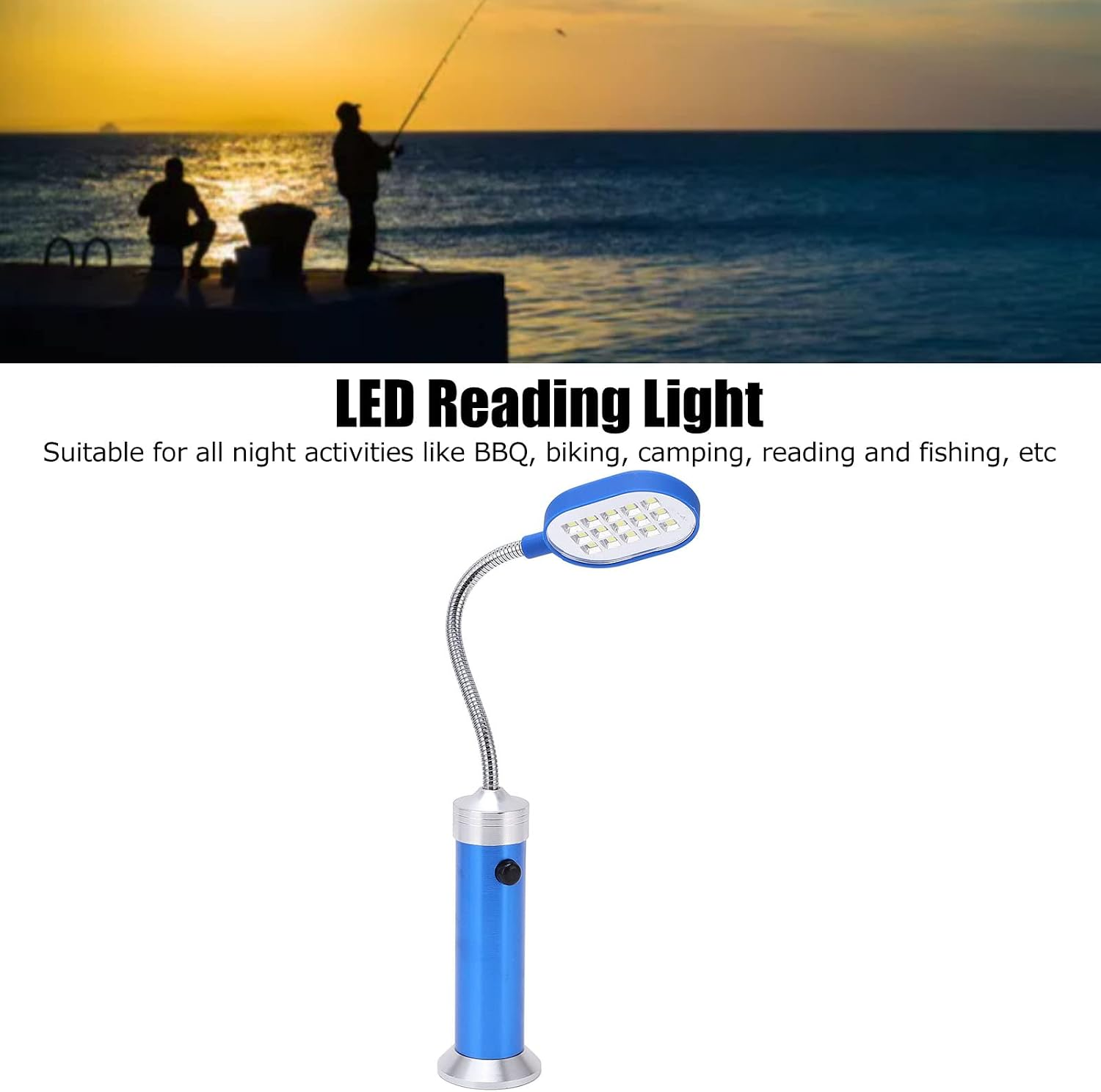 Eine blaue LED-Leselampe mit flexiblem Schwanenhals und silbernem Sockel vor weißem Hintergrund.