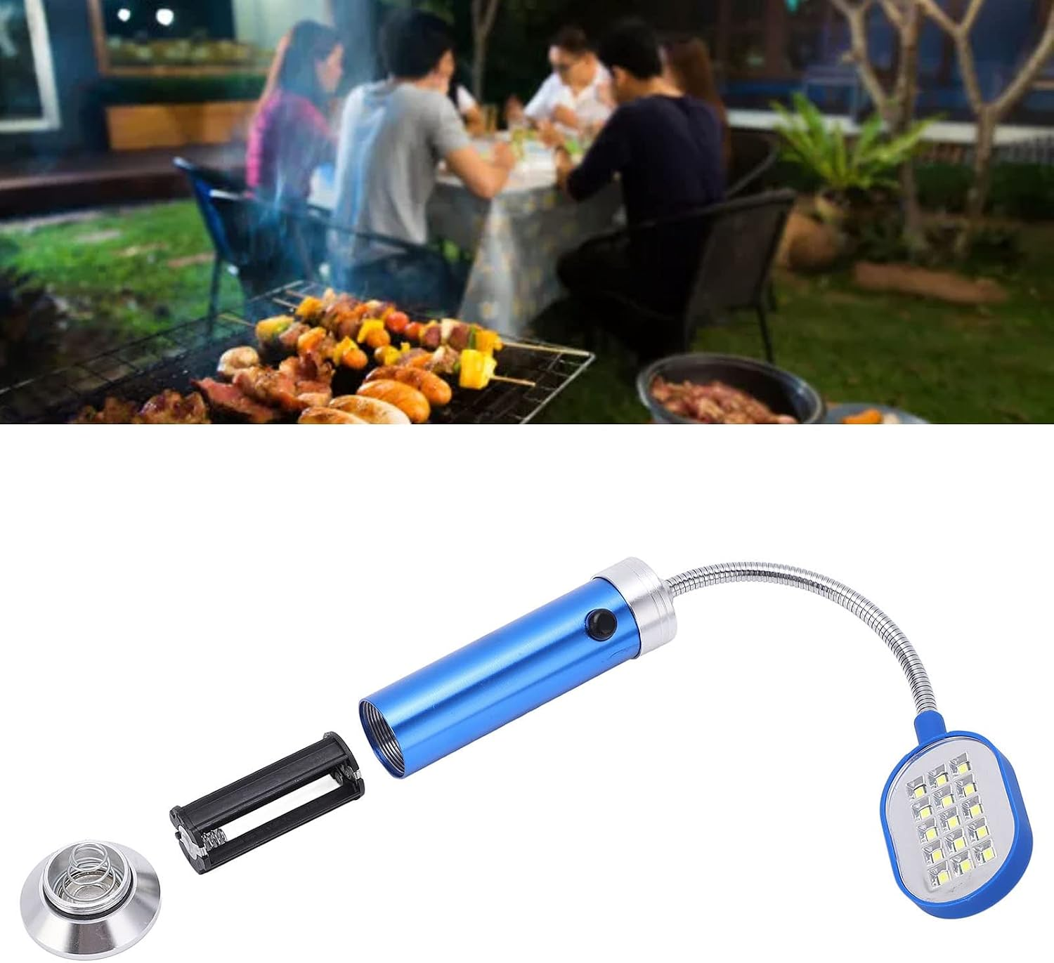 Eine blaue LED-Lampe mit biegsamem Hals zeigt das Batteriefach und die Kappe.