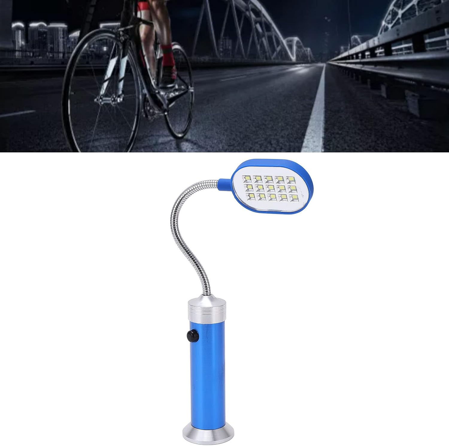 Eine blaue Schreibtischlampe mit flexiblem Schwanenhals und LED-Leuchtkopf auf weißem Hintergrund.