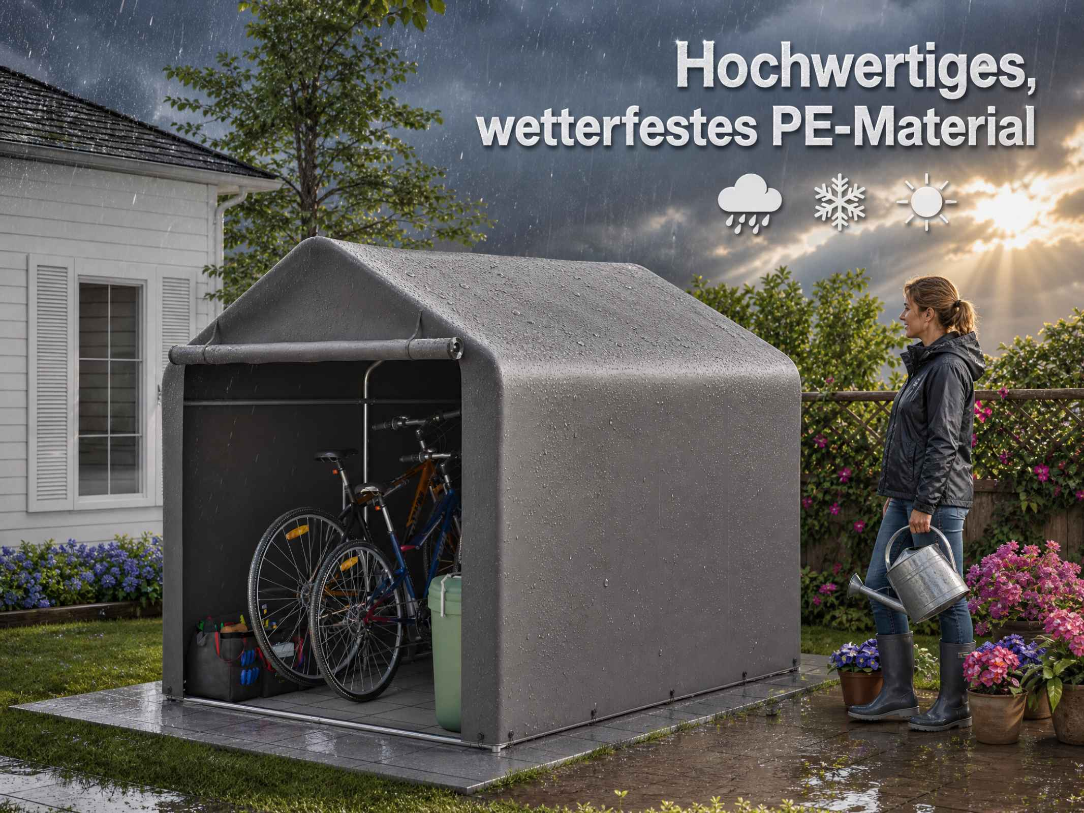 Grauer PE-Material-Geräteschuppen im Garten mit Fahrrädern und einer Frau mit Gießkanne im Regen.