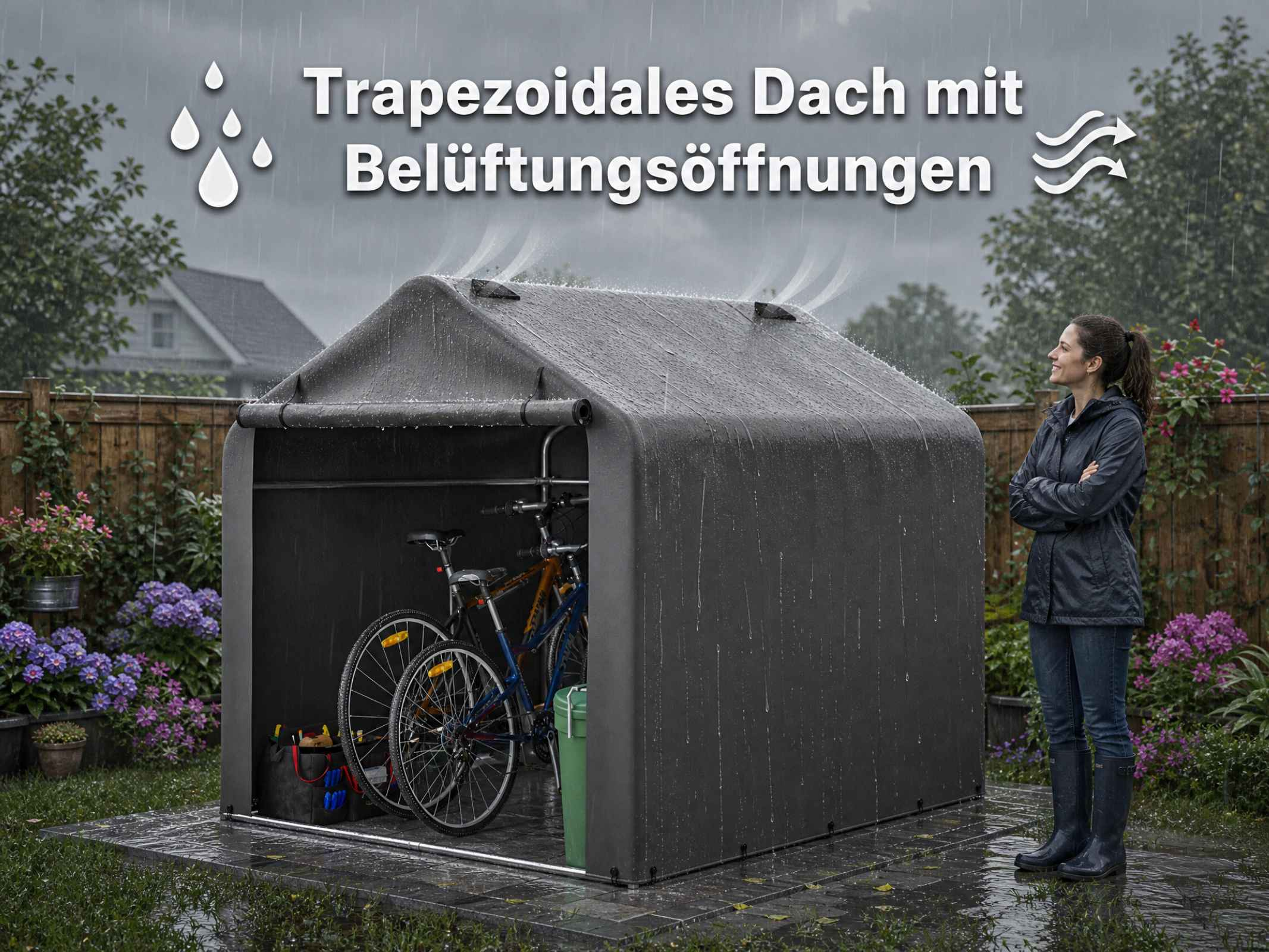 Grauer Fahrradunterstand mit Zeltdach und Belüftungsöffnungen im Regen, mit geparkten Fahrrädern und einer Frau daneben.